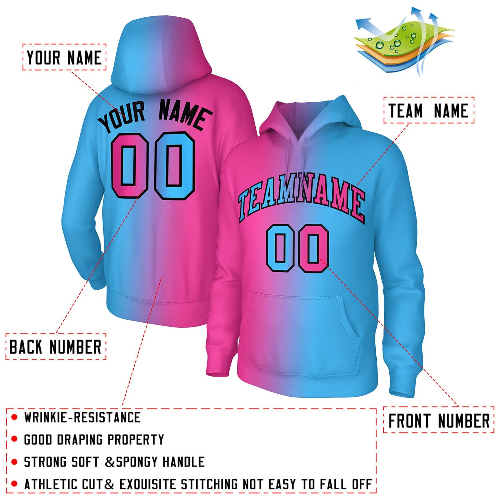 Custom Stitched Pink Gradient Fashion Pullover Sweatshirt Hoodie