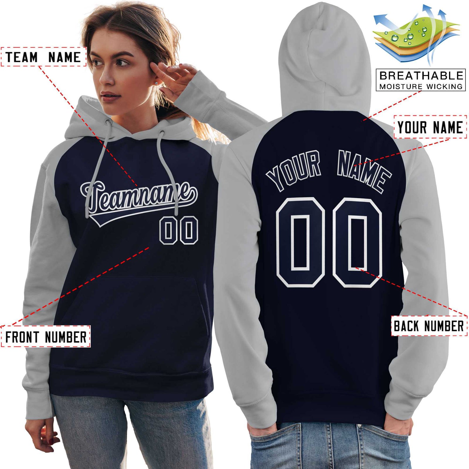 Custom Stitched Navy Gray Raglan Sleeves Sports Pullover Sweatshirt Hoodie For Women