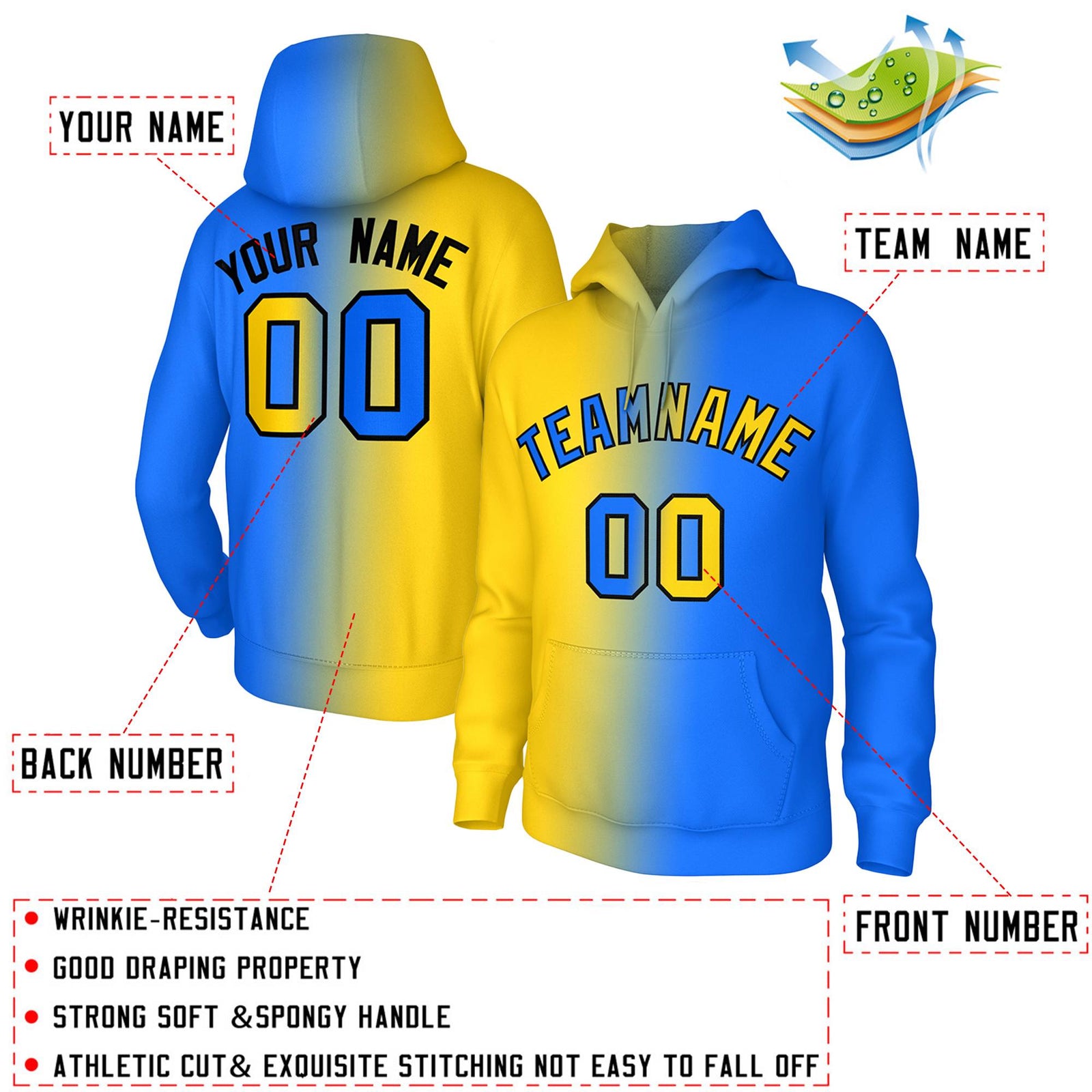 Custom Stitched Royal Gold Gradient Fashion Athletic Pullover Sweatshirt Hoodie