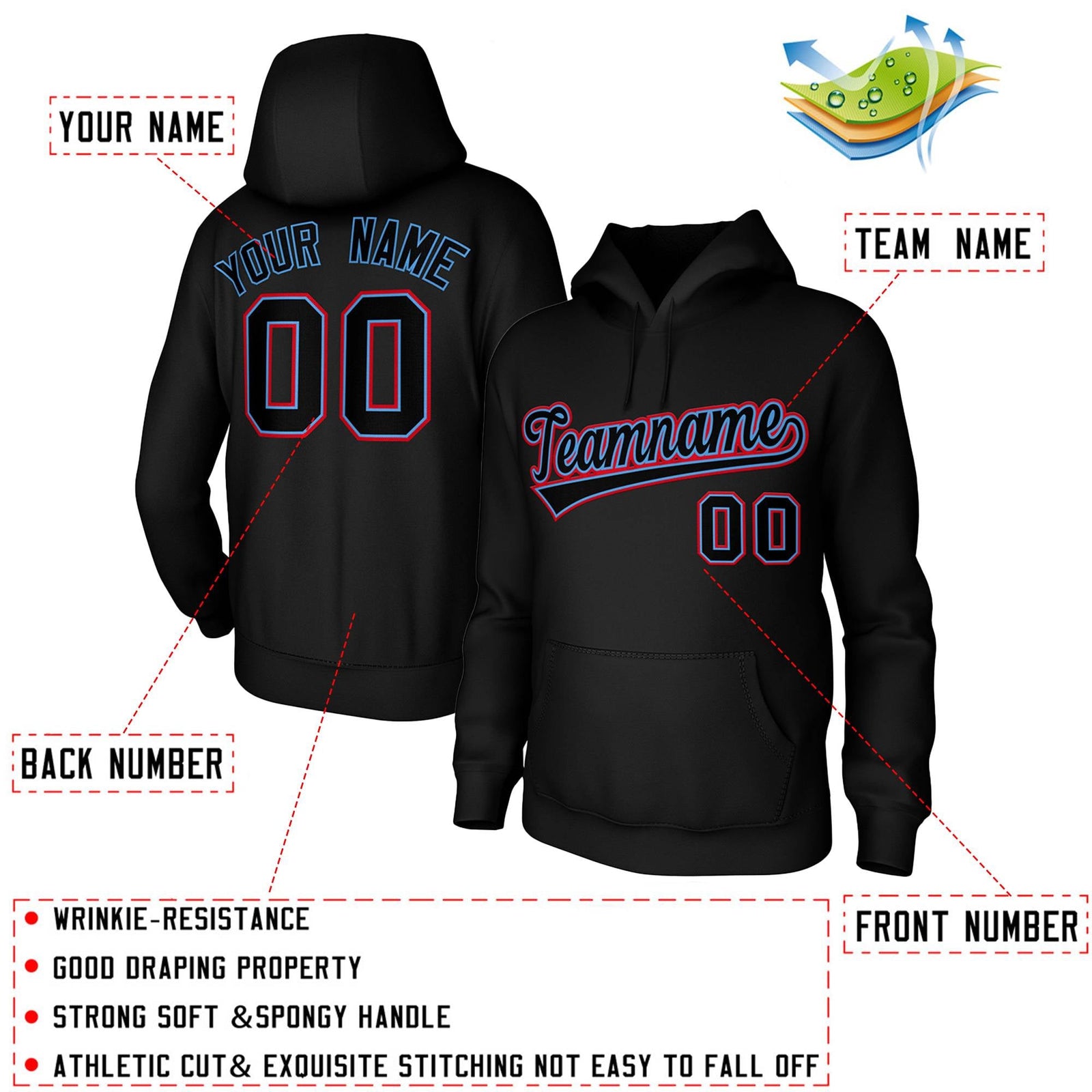 Custom Black Light Blue-Red Classic Style Sports Uniform Pullover Hoodie