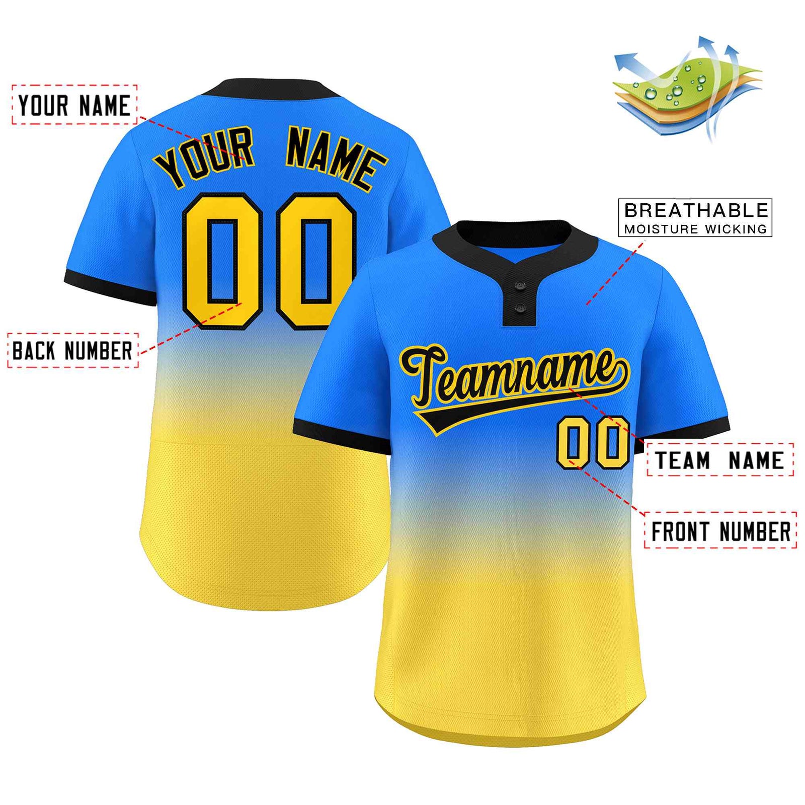 Custom Light Blue Gold Black-Gold Gradient Fashion Authentic Two-Button Softball Jersey