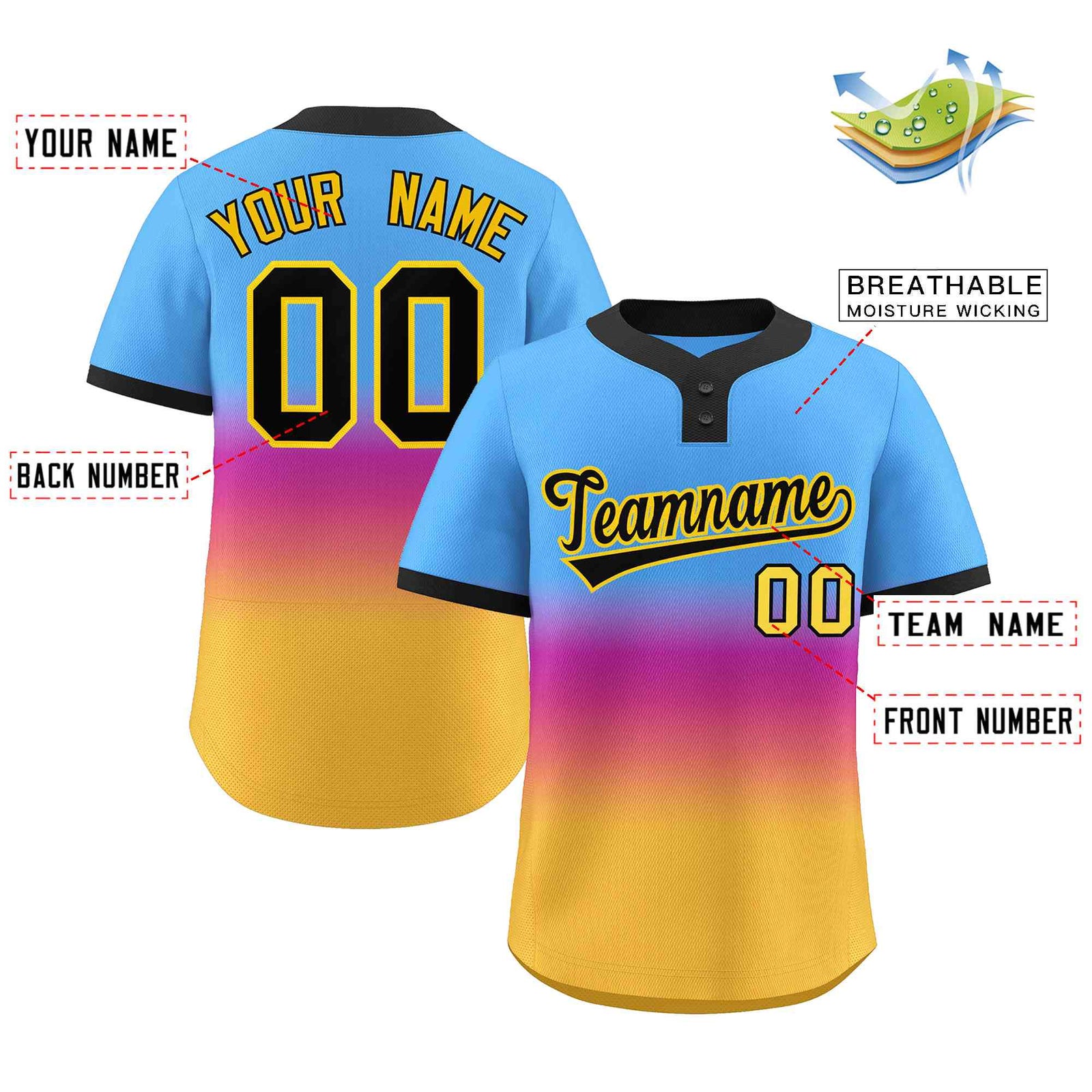 Custom Powder Blue Purple Black-Gold Gradient Fashion Authentic Two-Button Softball Jersey