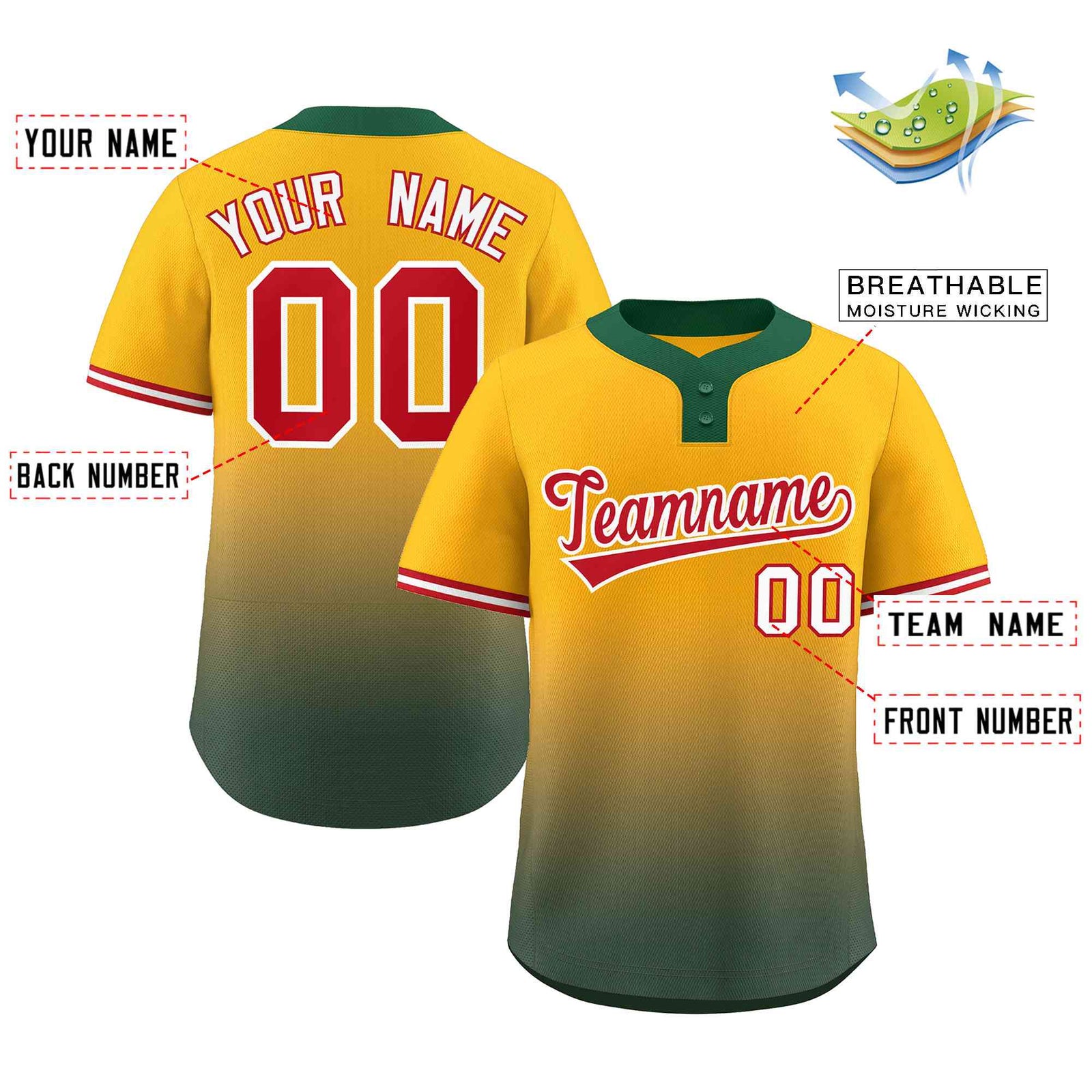 Custom Yellow Green Red-White Gradient Fashion Authentic Two-Button Softball Jersey