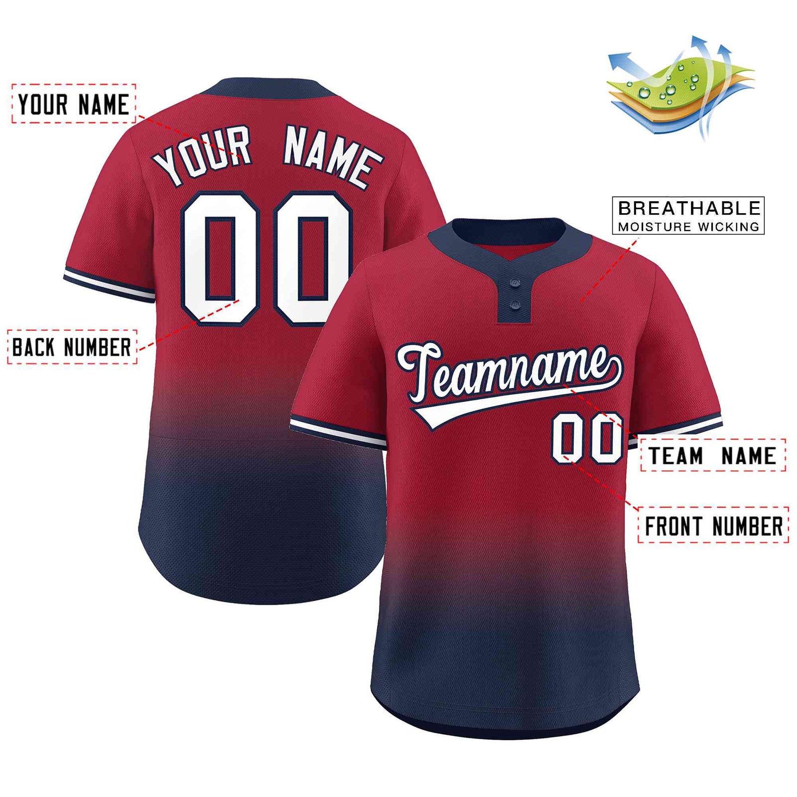 Custom Crimson Navy White-Navy Gradient Fashion Authentic Two-Button Softball Jersey