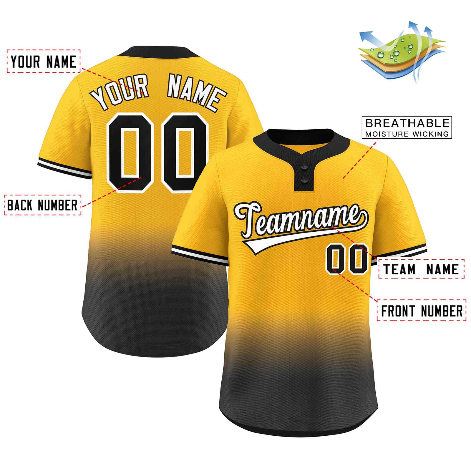 Custom Gold Black White-Black Gradient Fashion Authentic Two-Button Softball Jersey
