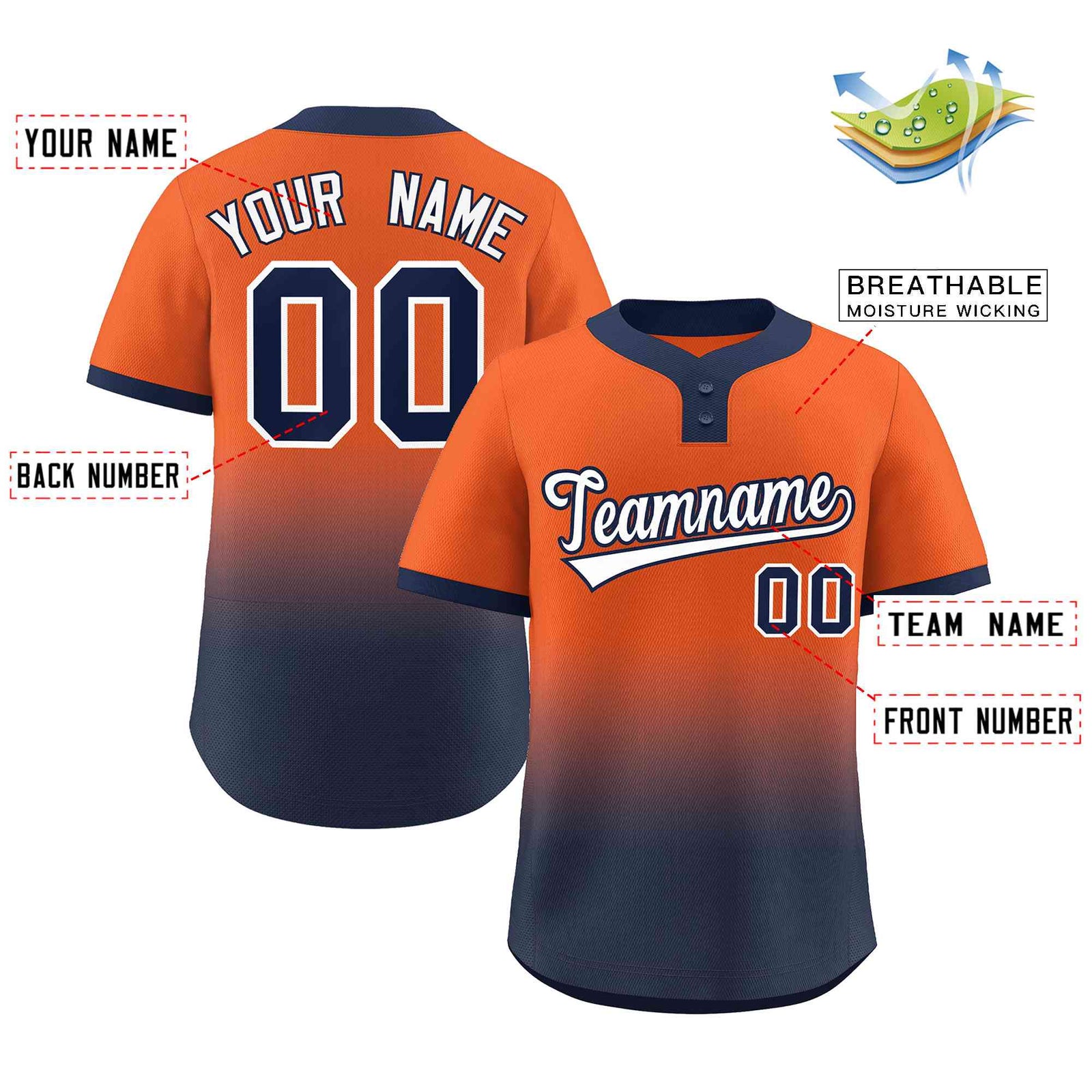 Custom Orange Navy White-Navy Gradient Fashion Authentic Two-Button Softball Jersey
