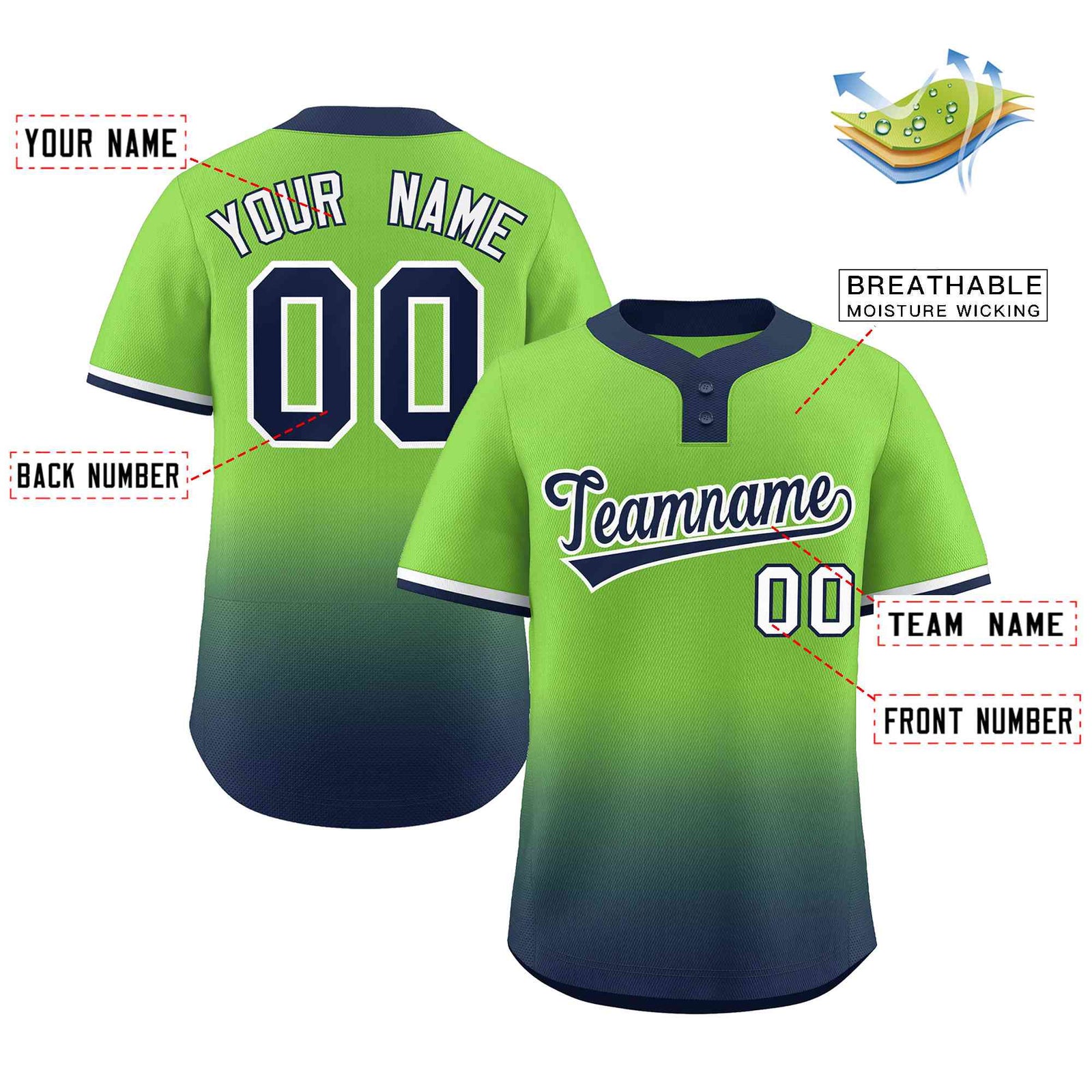 Custom Neon Green Navy Navy-White Gradient Fashion Authentic Two-Button Softball Jersey