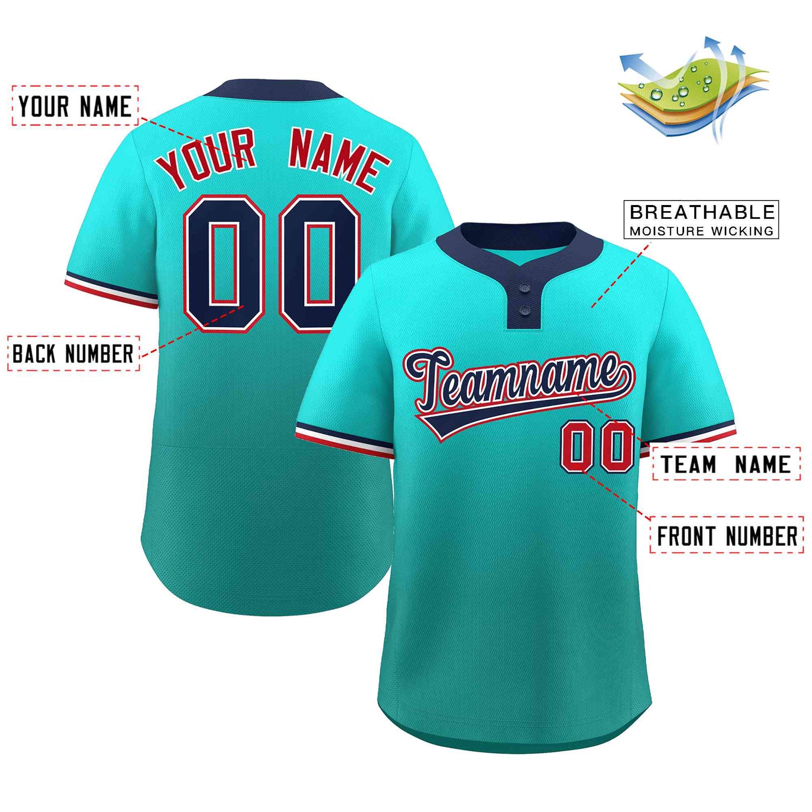 Custom Light Green Aqua Navy-White Gradient Fashion Authentic Two-Button Softball Jersey
