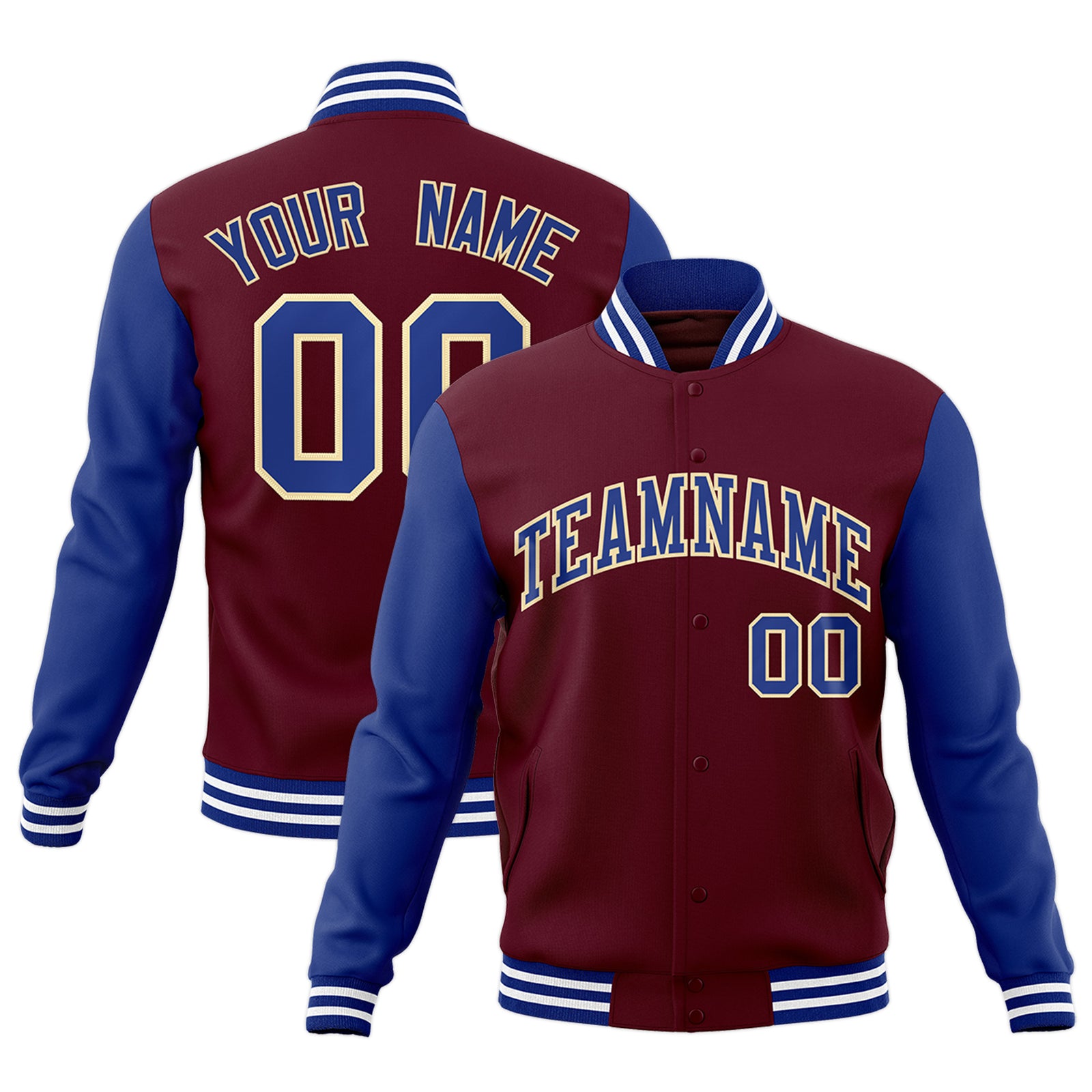 Custom Crimson Royal-Khaki Raglan Sleeves Varsity Full-Snap Letterman Jacket