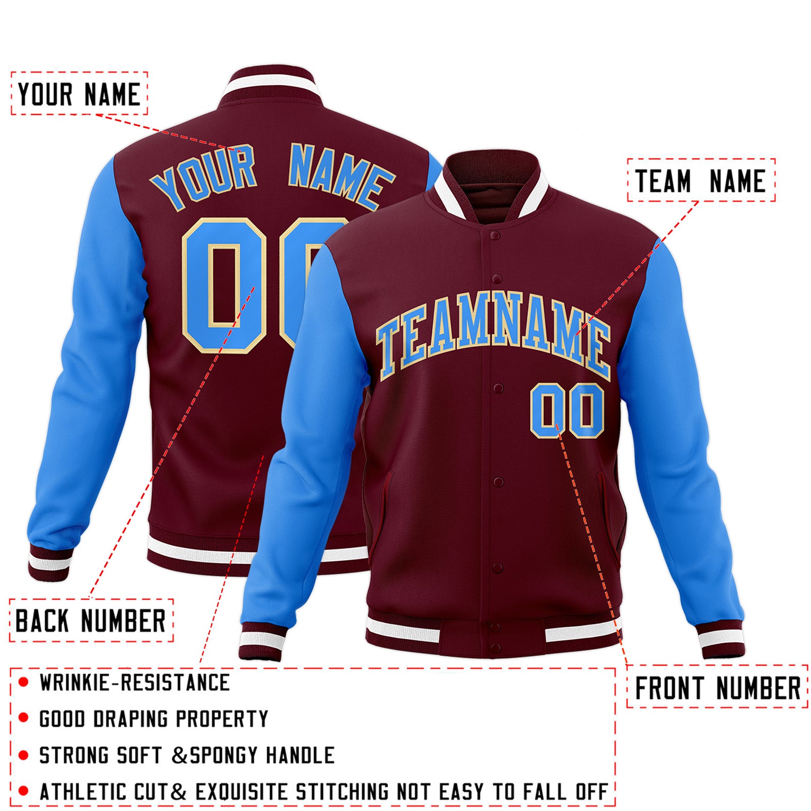 Custom Crimson Powder Blue-Khaki Raglan Sleeves Varsity Full-Snap Letterman Jacket