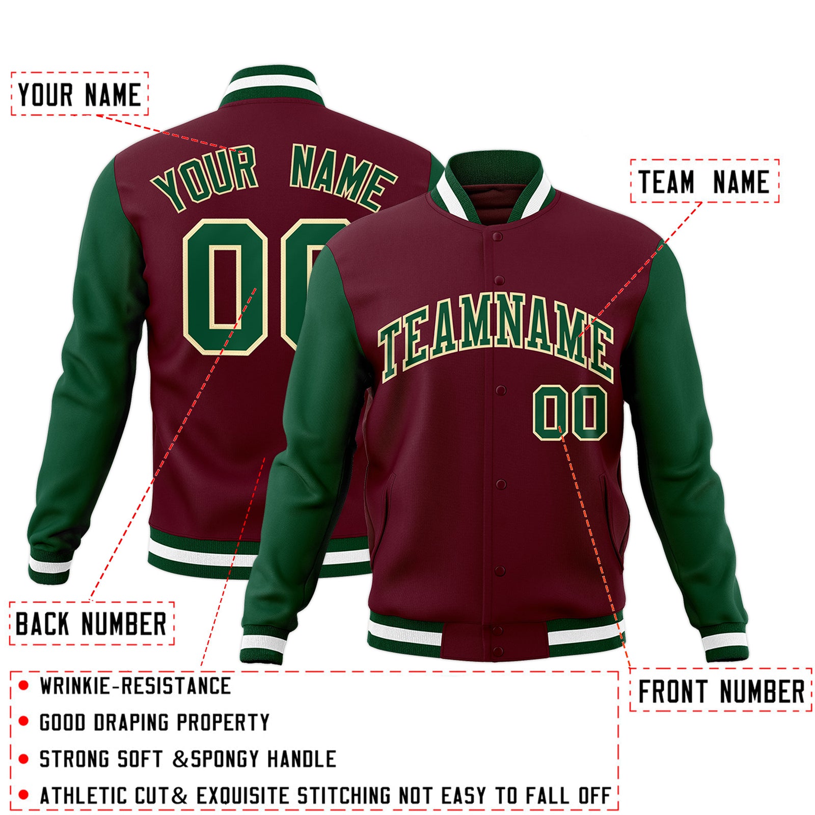 Custom Crimson Green-Khaki Raglan Sleeves Varsity Full-Snap Letterman Jacket