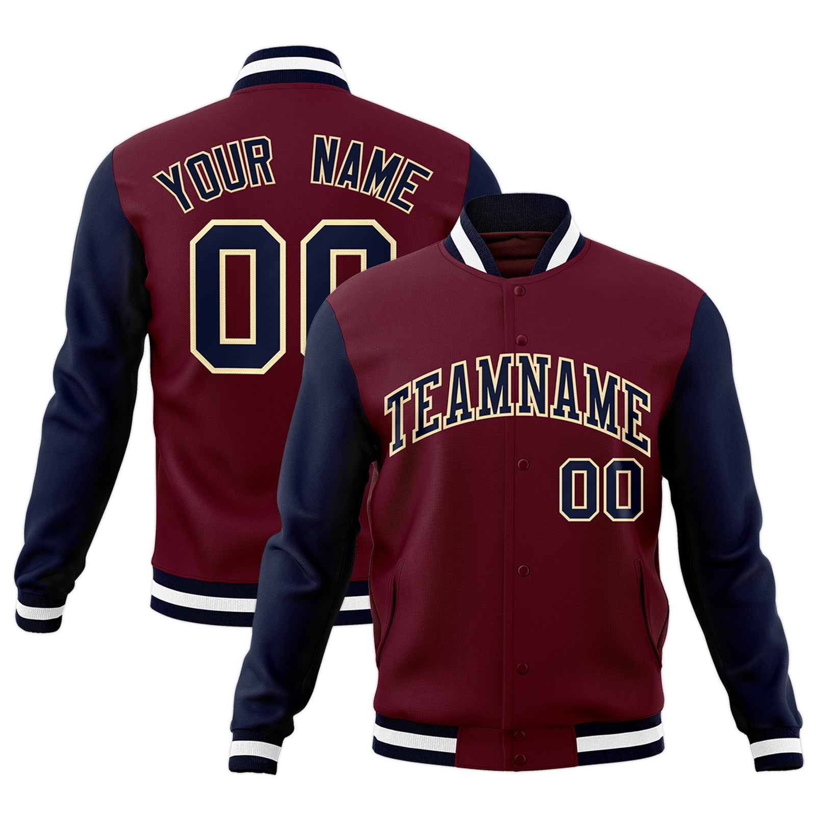 Custom Crimson Navy-Khaki Raglan Sleeves Varsity Full-Snap Letterman Jacket