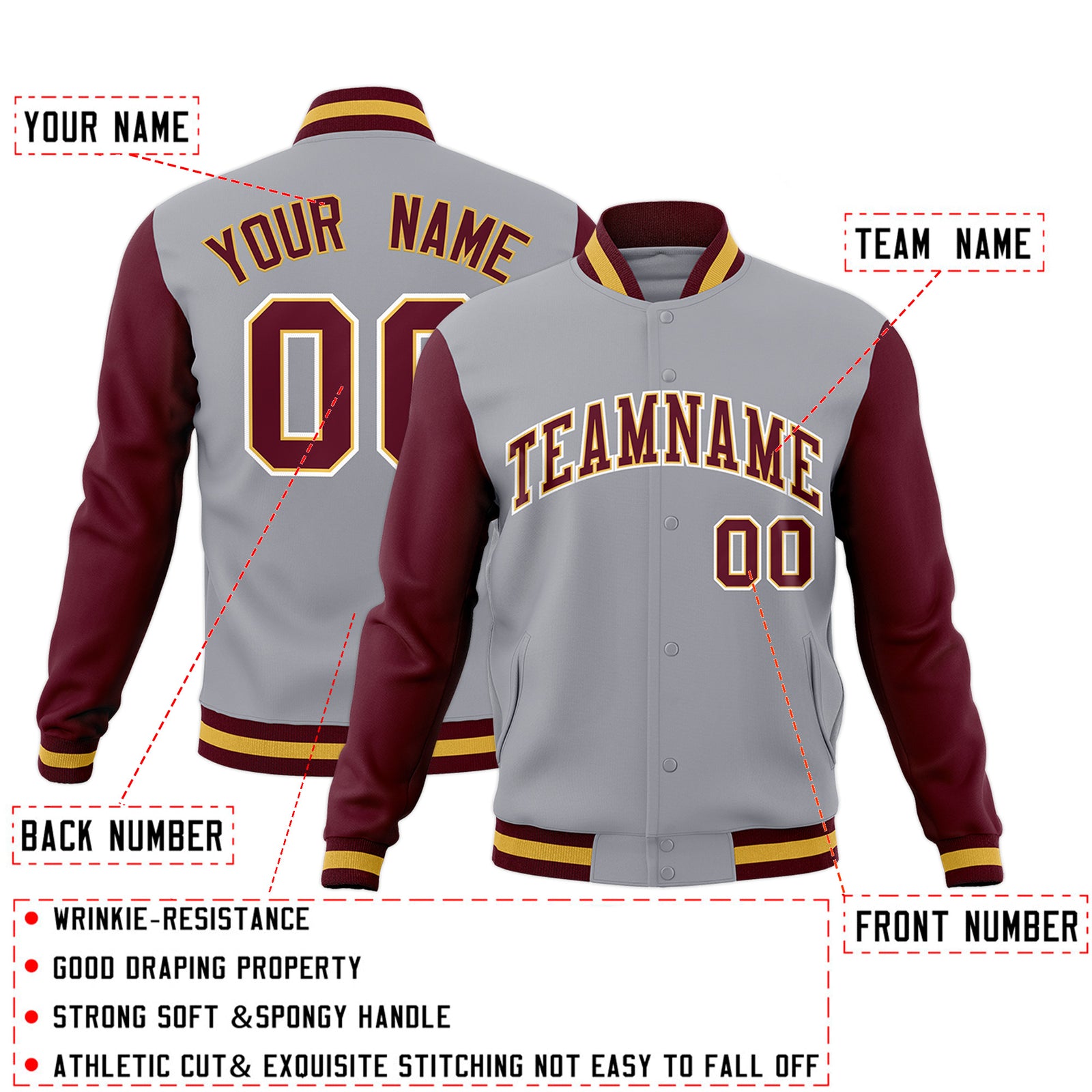 Custom Gray Crimson-Khaki Raglan Sleeves Varsity Full-Snap Letterman Jacket
