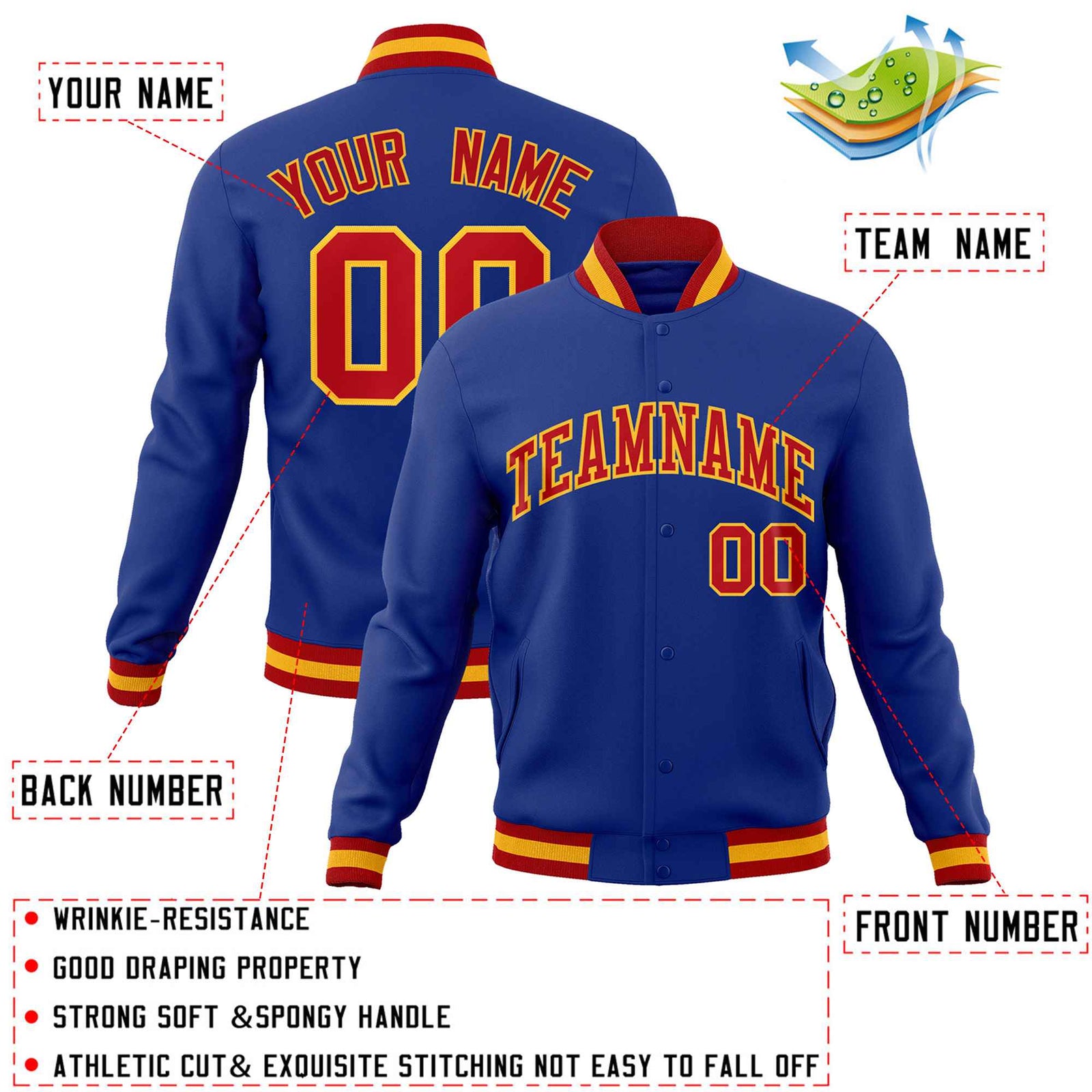 Custom Royal Red-Gold Classic Style Varsity Full-Snap Letterman Jacket