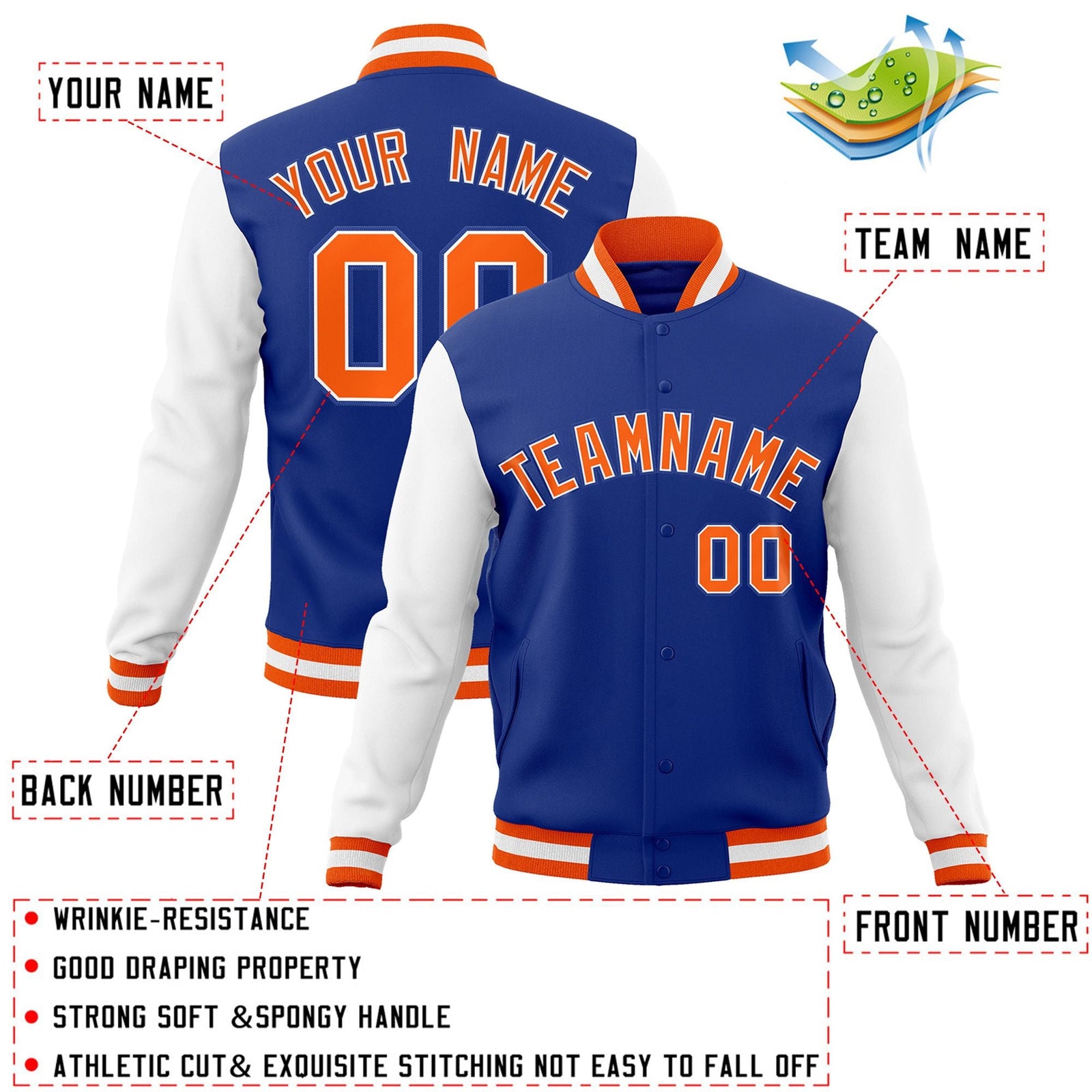 Custom Royal Orange-White Raglan Sleeves Varsity Full-Snap Letterman Jacket
