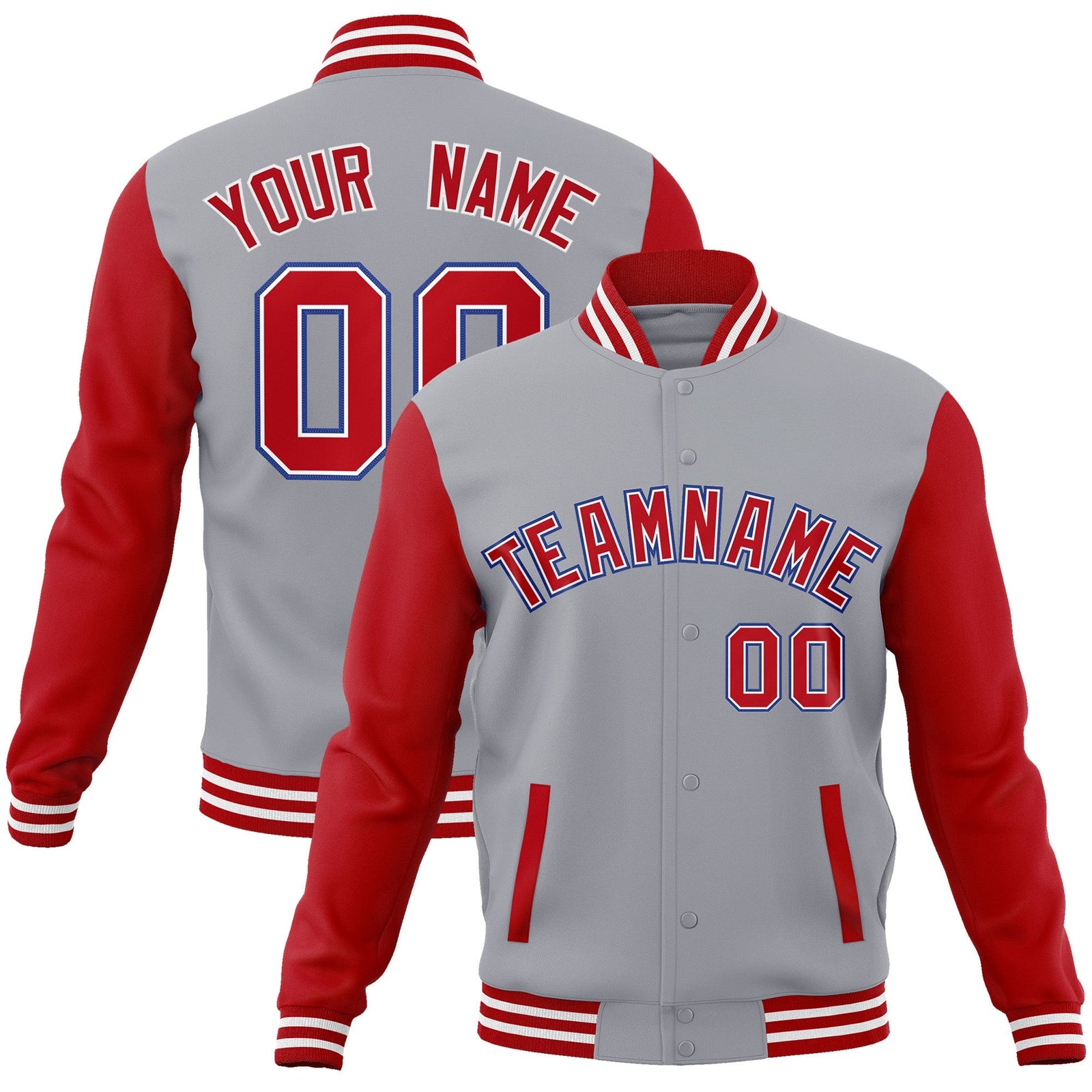 Custom Gray Red-White Raglan Sleeves Varsity Full-Snap Letterman Jacket