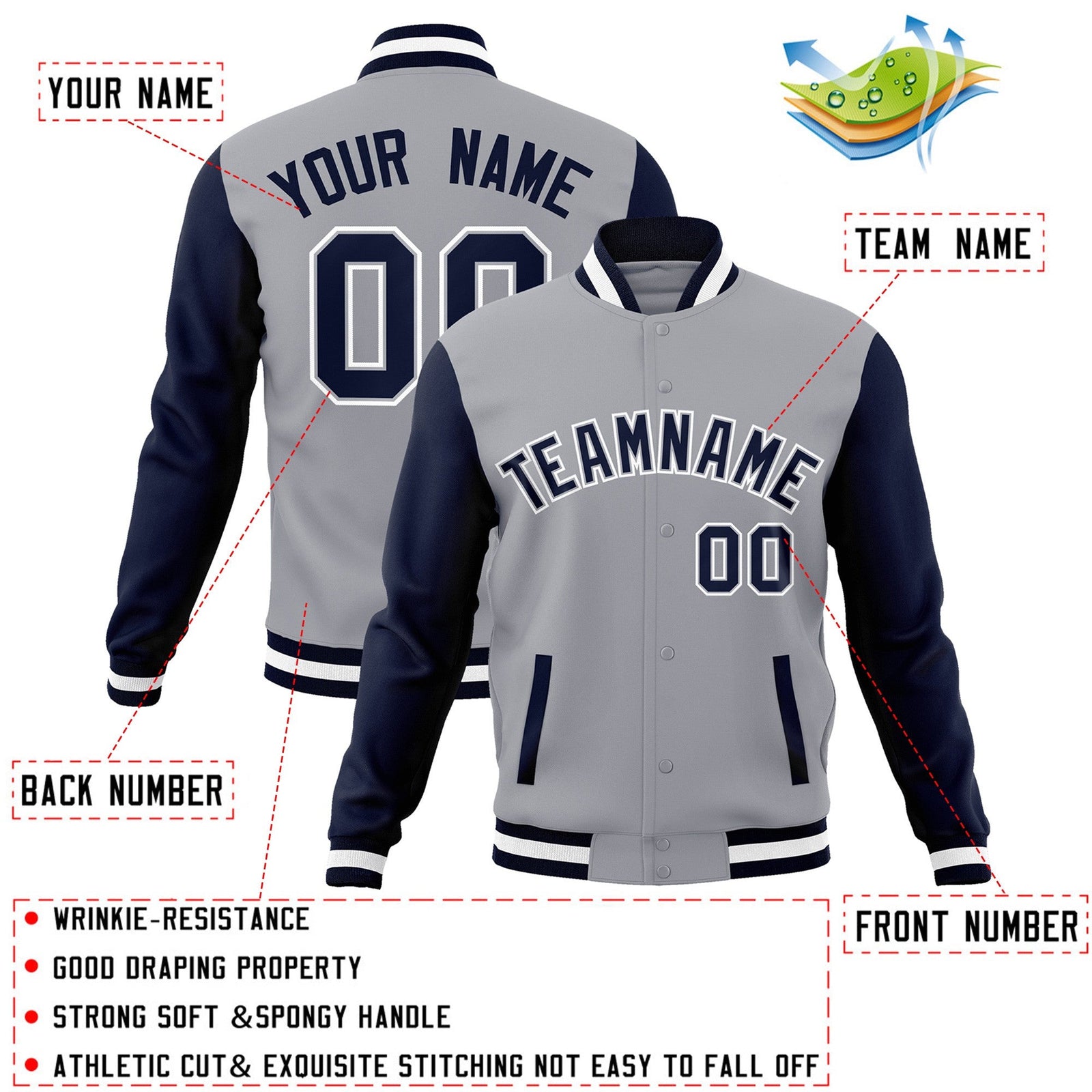 Custom Gray Navy-Gray Raglan Sleeves Varsity Full-Snap Letterman Jacket