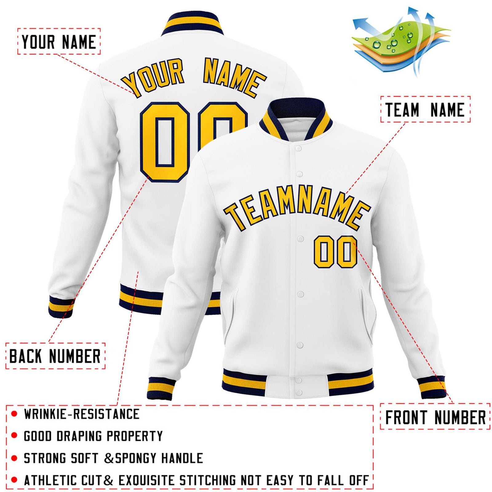 Custom White Gold-Navy Classic Style Varsity Full-Snap Letterman Jacket