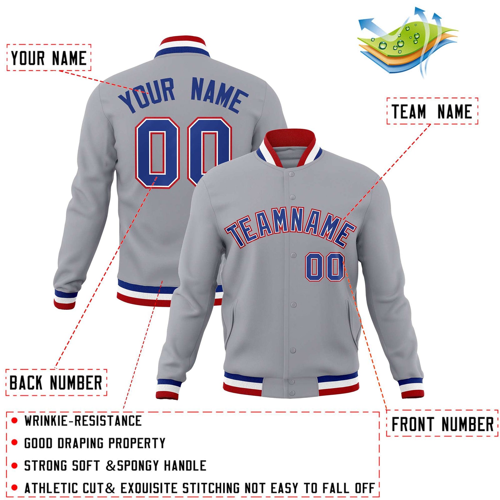 Custom Gray Royal-Red Classic Style Varsity Full-Snap Letterman Jacket