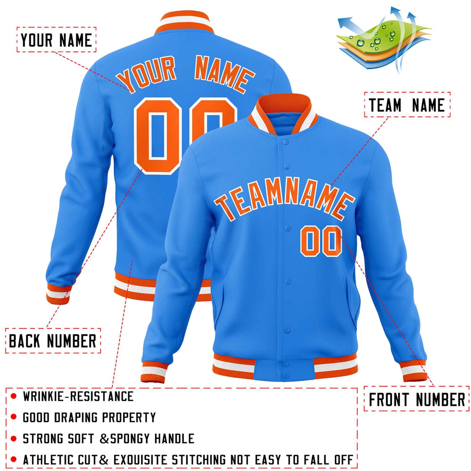 Custom Powder Blue Orange-White Classic Style Varsity Full-Snap Letterman Jacket
