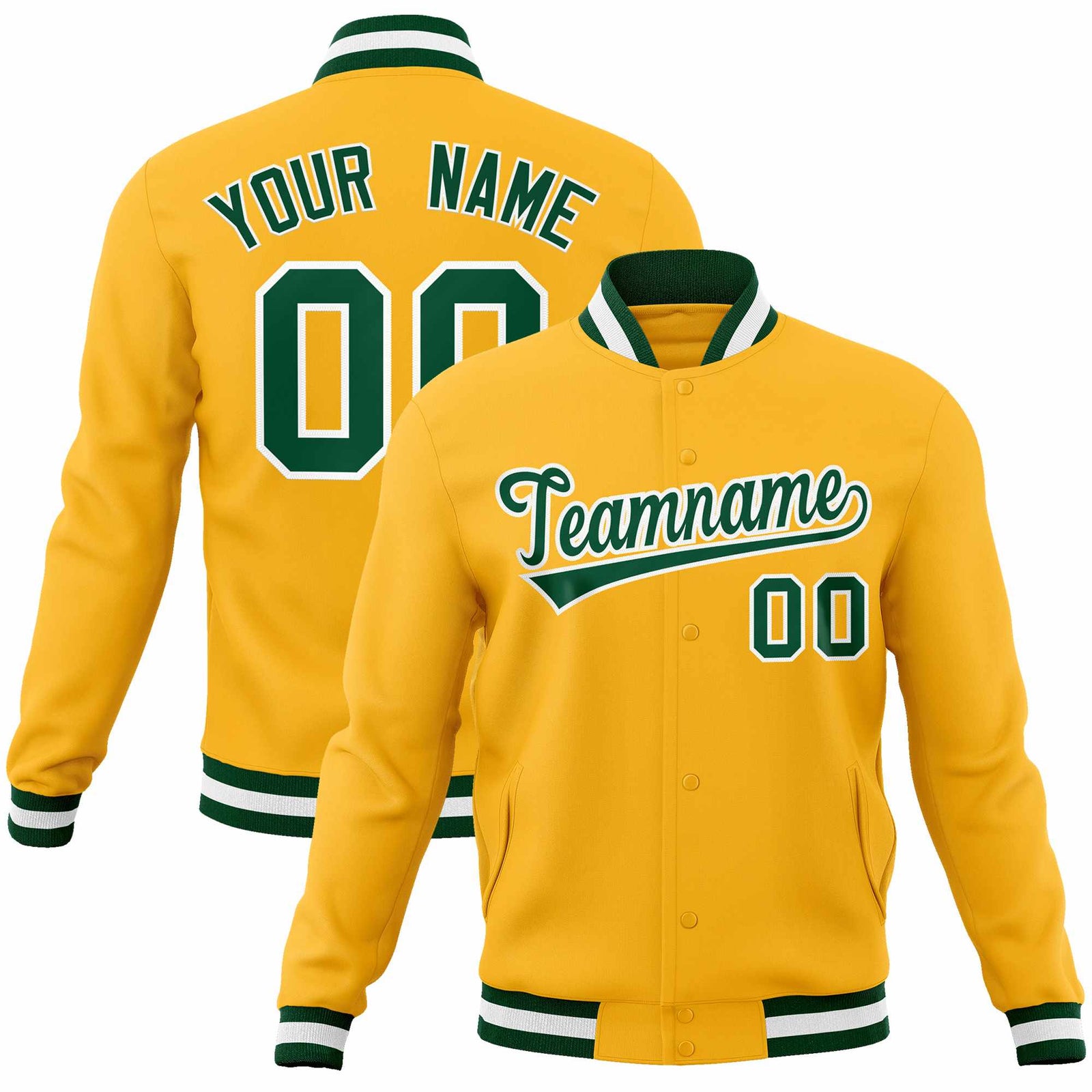 Custom Gold Green-White Classic Style Varsity Full-Snap Letterman Jacket