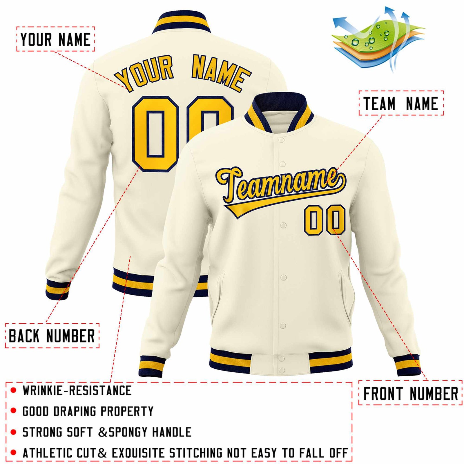 Custom Khaki Gold-Navy Classic Style Varsity Full-Snap Letterman Jacket