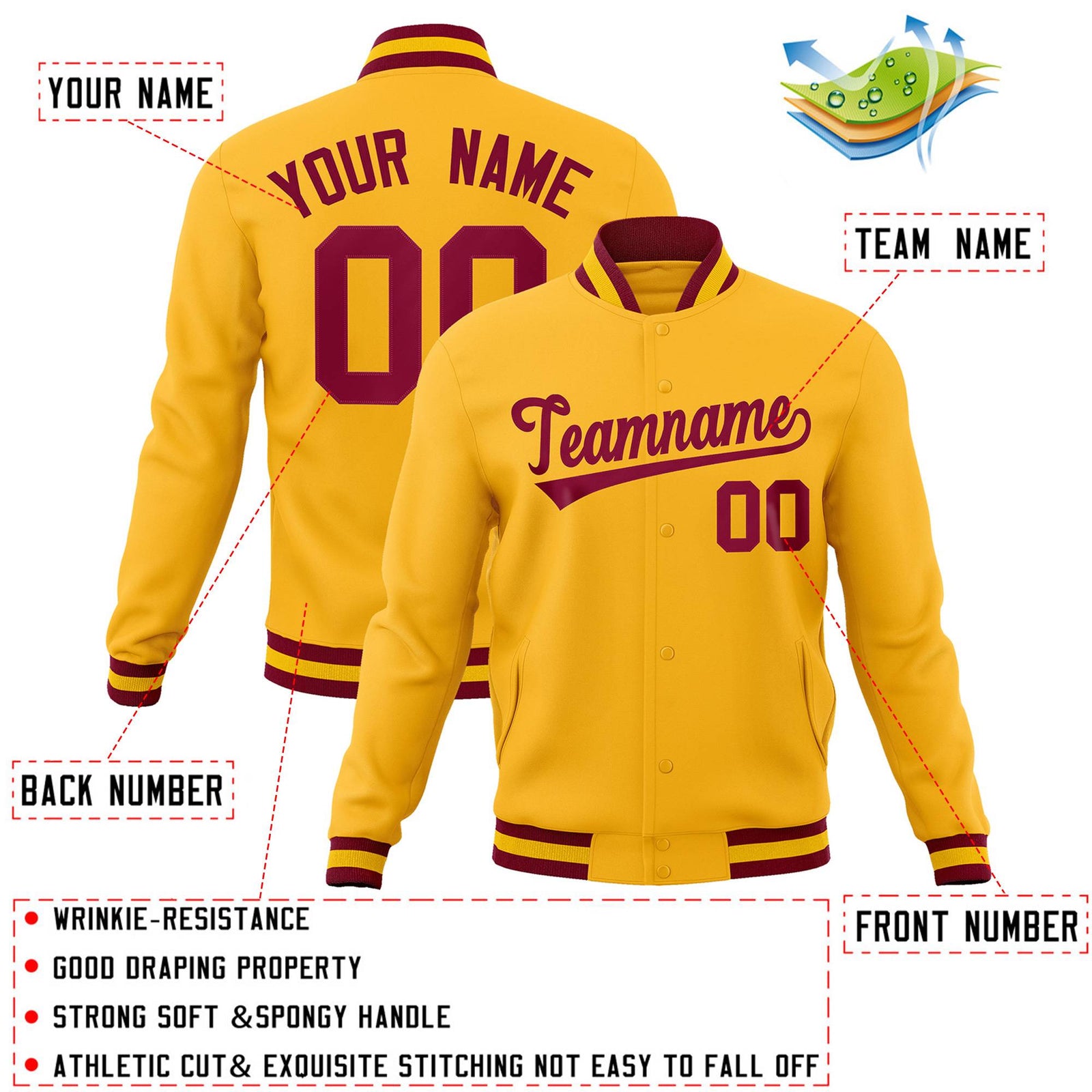 Custom Gold Crimson Classic Style Varsity Full-Snap Letterman Jacket