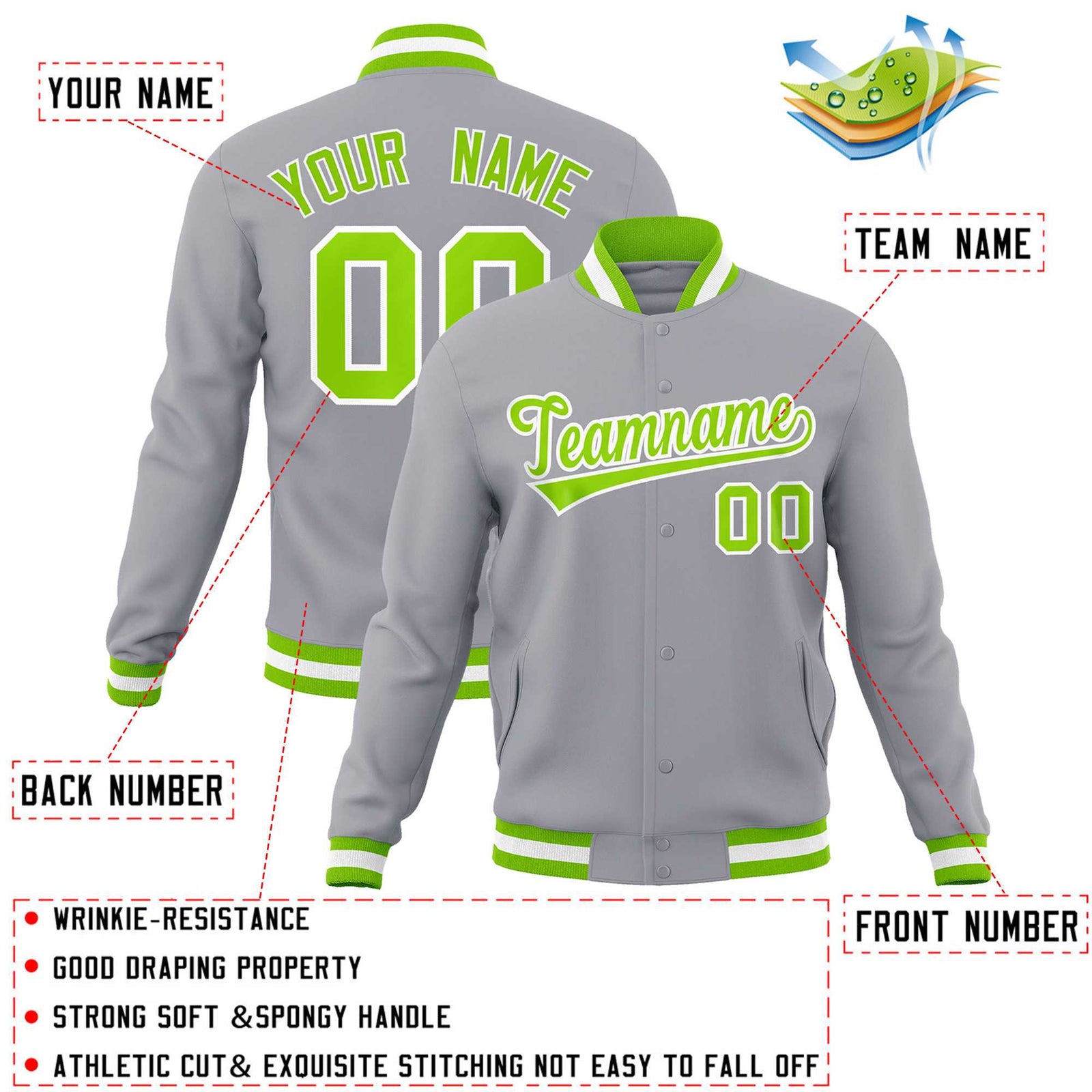 Custom Gray Neon Green-White Classic Style Varsity Full-Snap Letterman Jacket