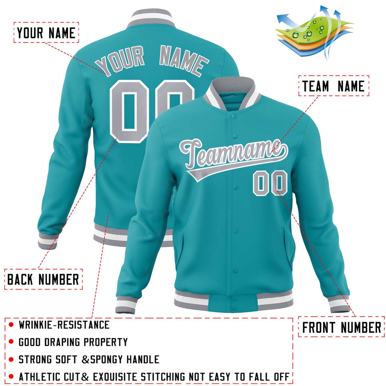 Custom Aqua Gray-White Classic Style Varsity Full-Snap Letterman Jacket