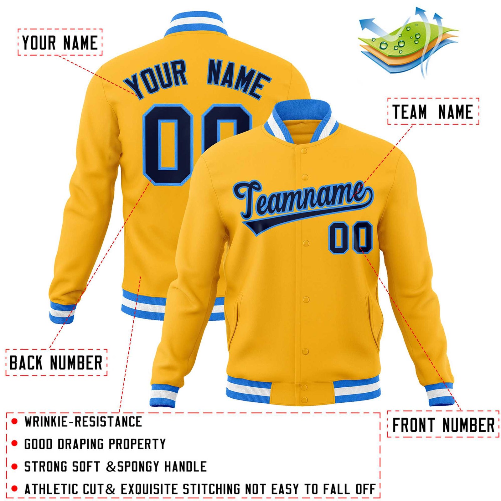 Custom Yellow Navy-Powder Blue Classic Style Varsity Full-Snap Letterman Jacket