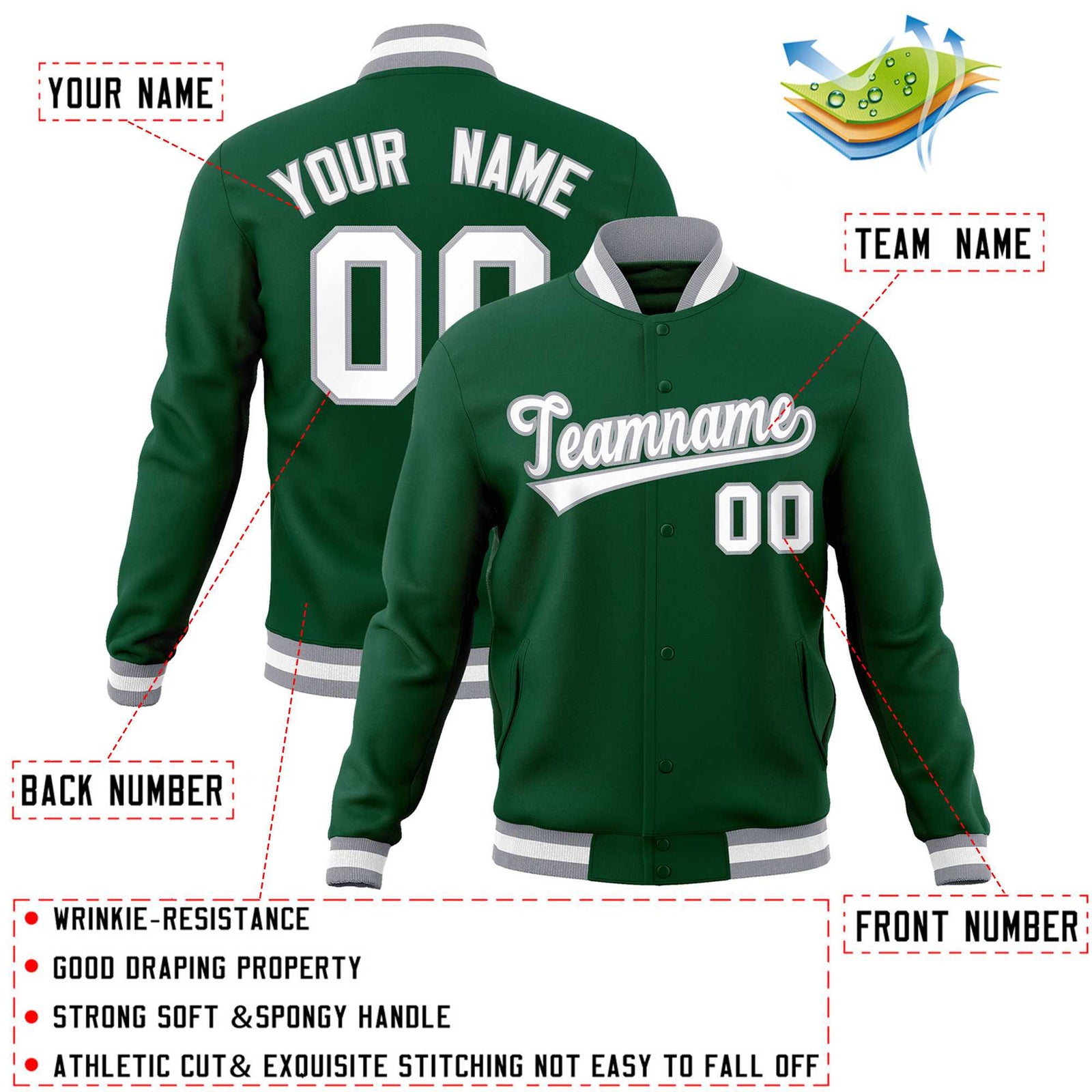 Custom Green White-Gray Classic Style Varsity Full-Snap Letterman Jacket