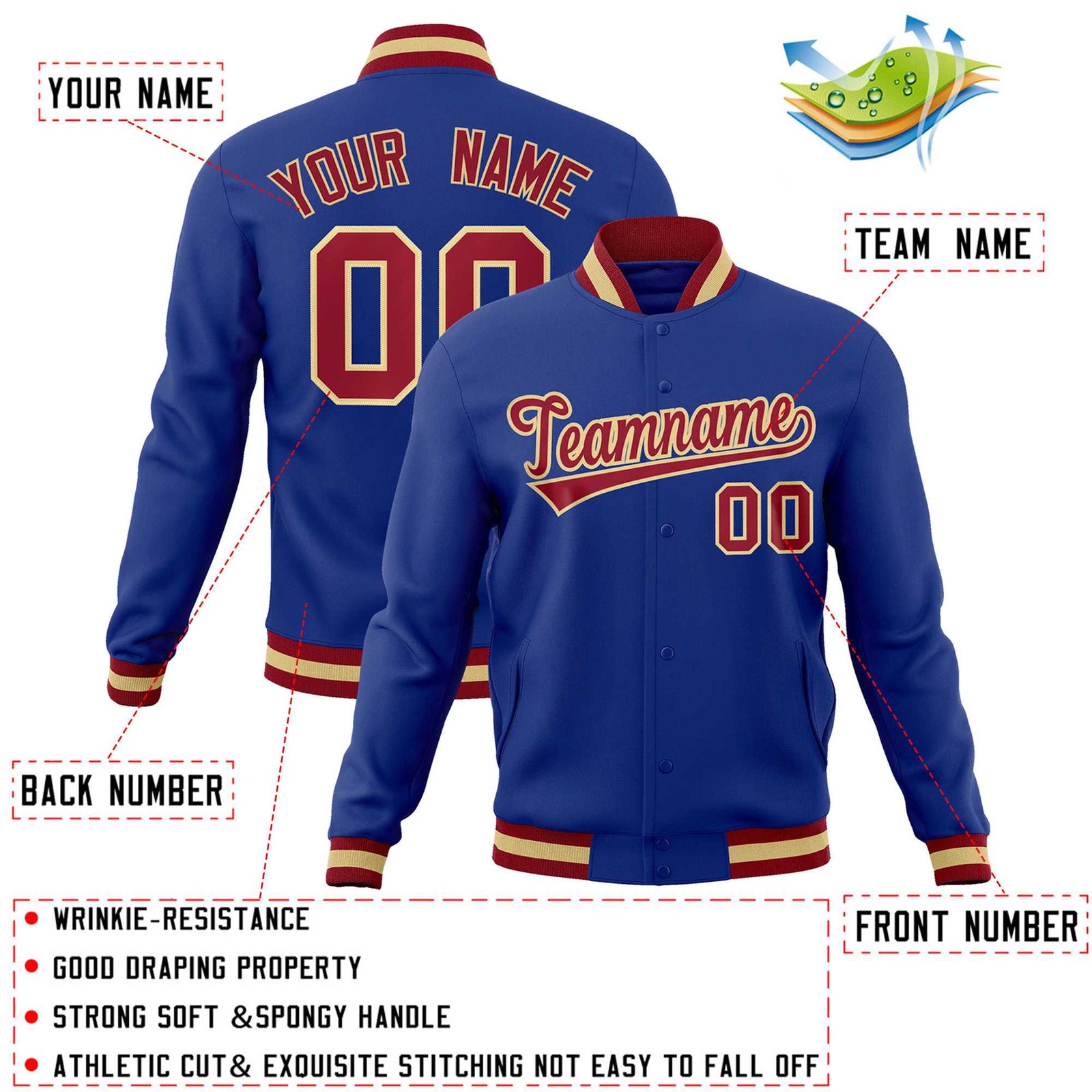 Custom Royal Crimson-Khaki Classic Style Varsity Full-Snap Letterman Jacket