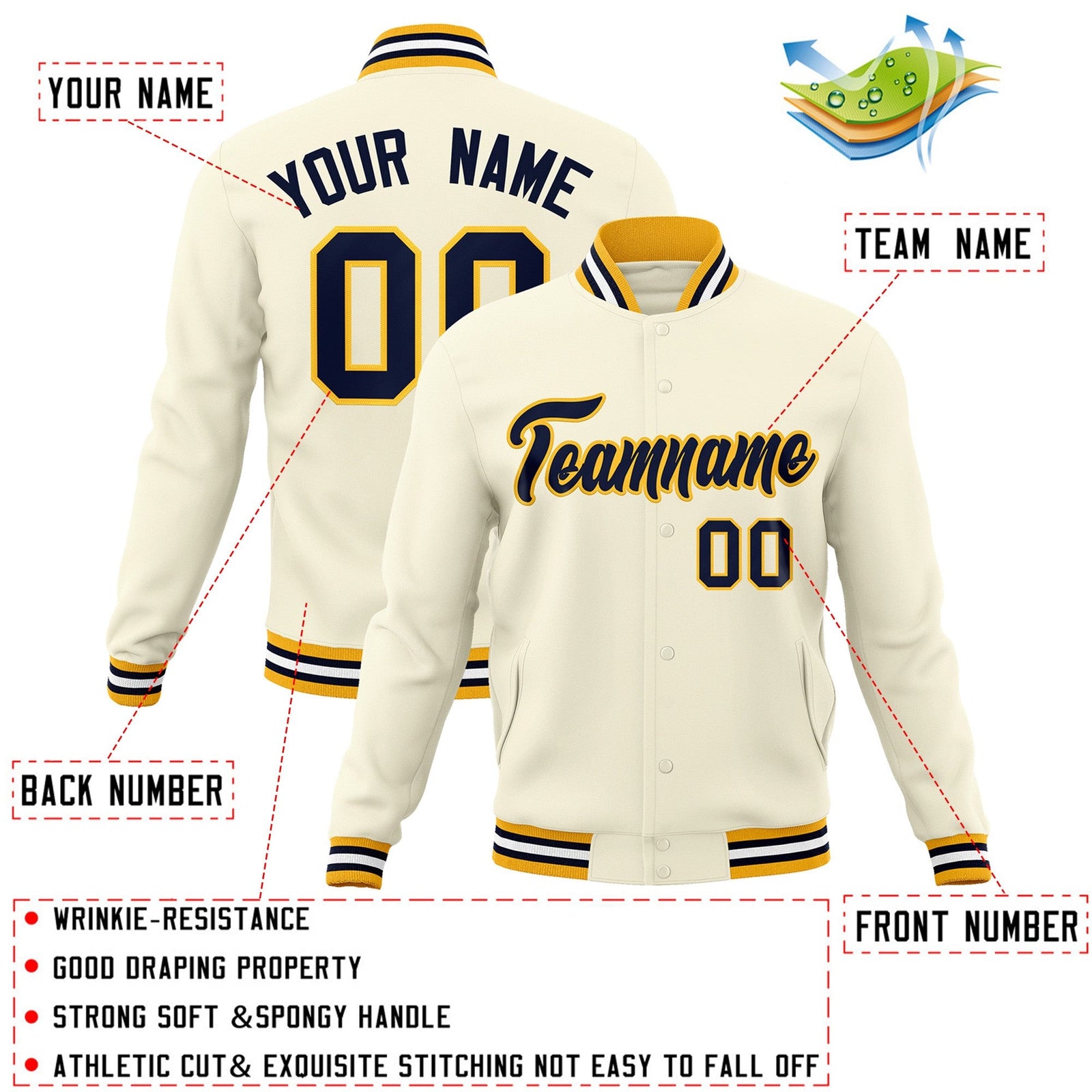 Custom Khaki Navy-Yellow Classic Style Varsity Full-Snap Letterman Jacket