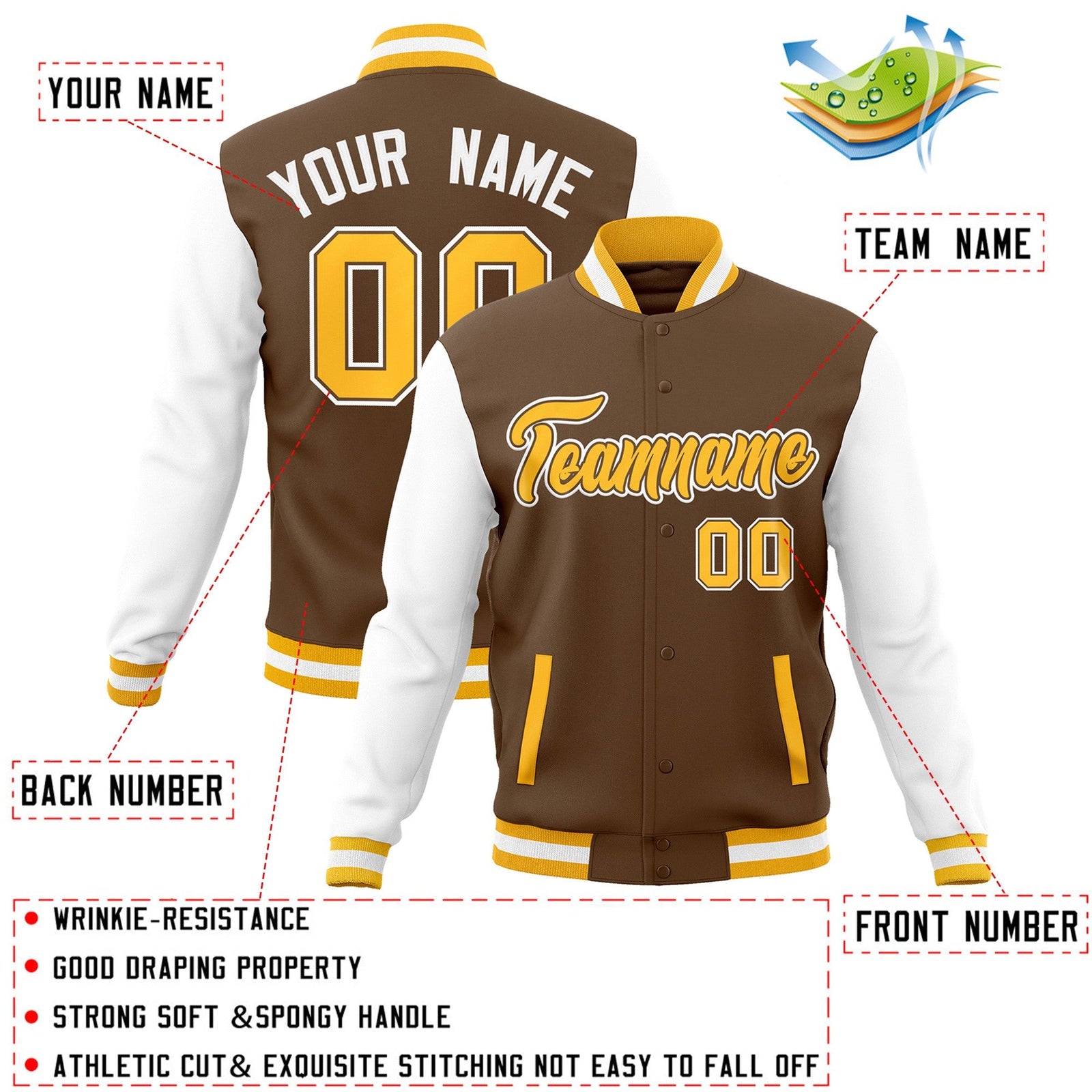 Custom Light Brown Gold-White Jacket Raglan Sleeves Varsity Full-Snap Letterman Jacket