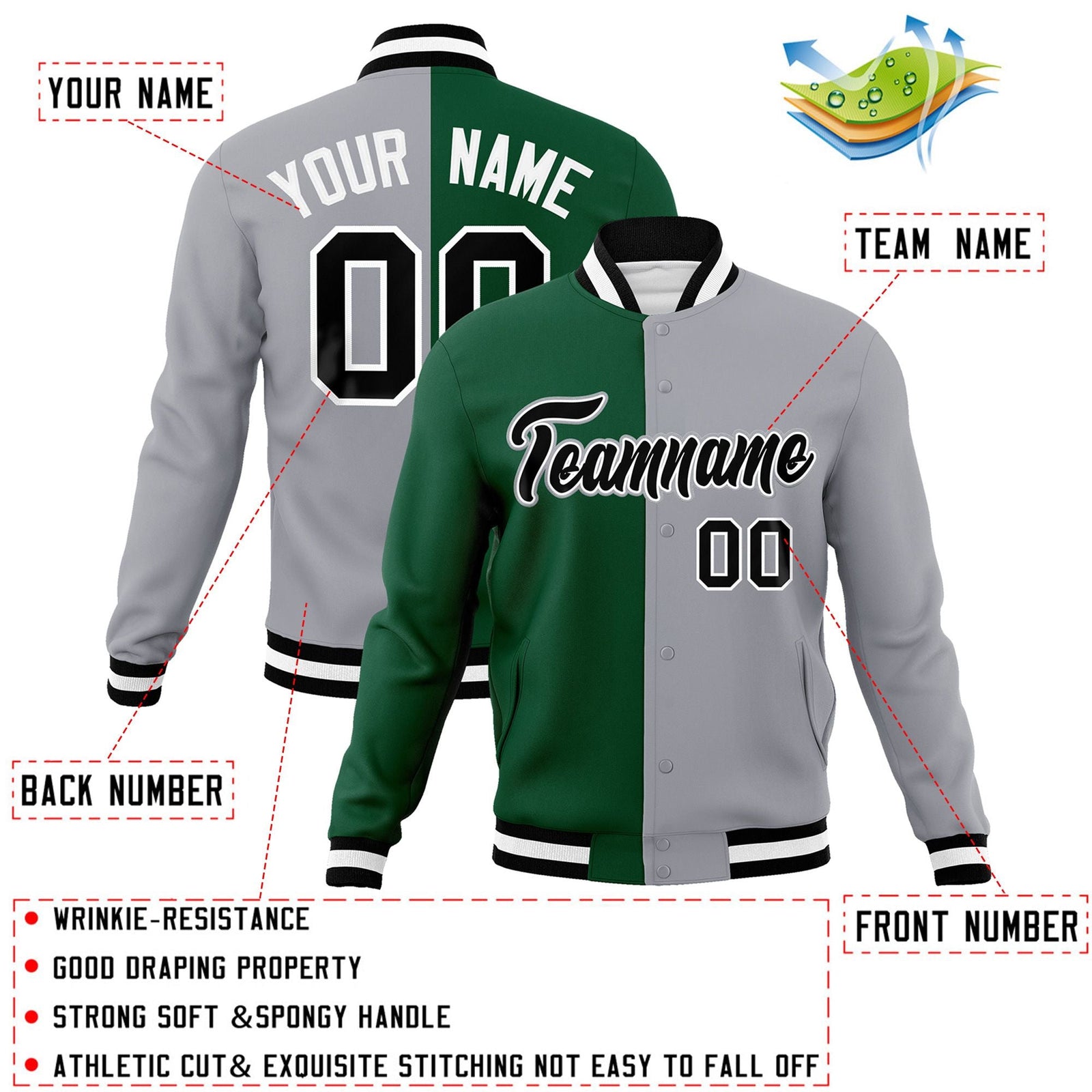 Custom Green Gray-Black Varsity Full-Snap Letterman Two Tone Split Fashion Jacket