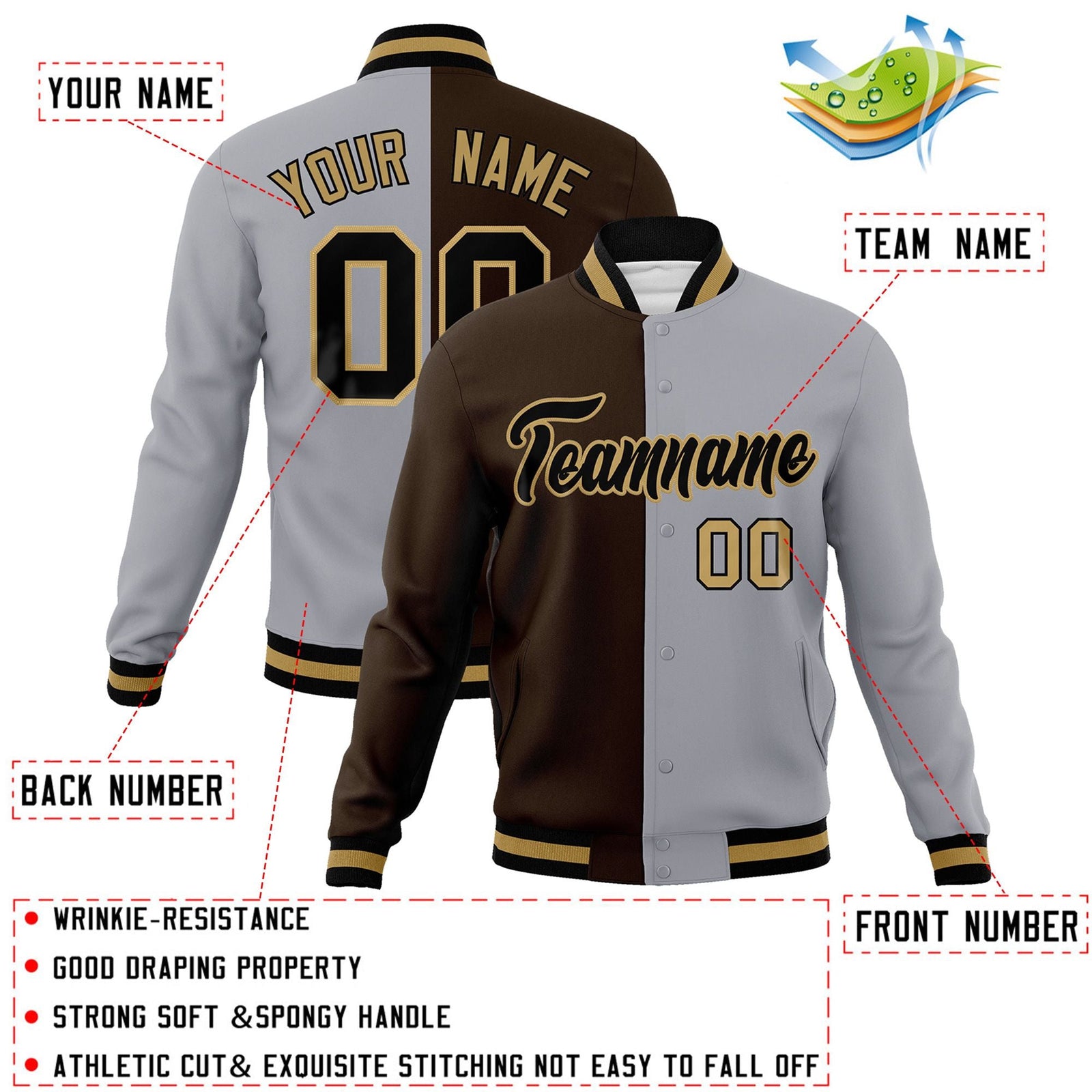 Custom Brown Gray-Black Varsity Full-Snap Letterman Two Tone Split Fashion Jacket