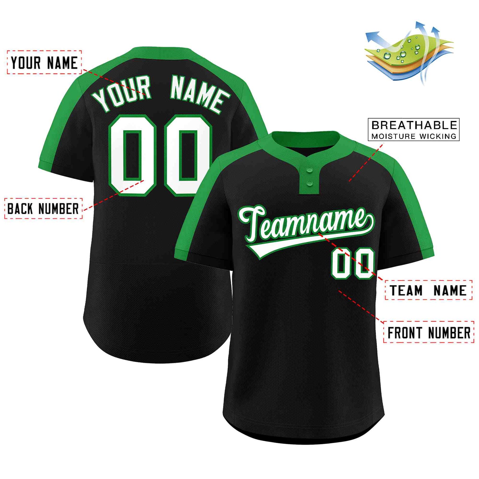 Custom Black White-Kelly Green Classic Style Authentic Two-Button Softball Jersey