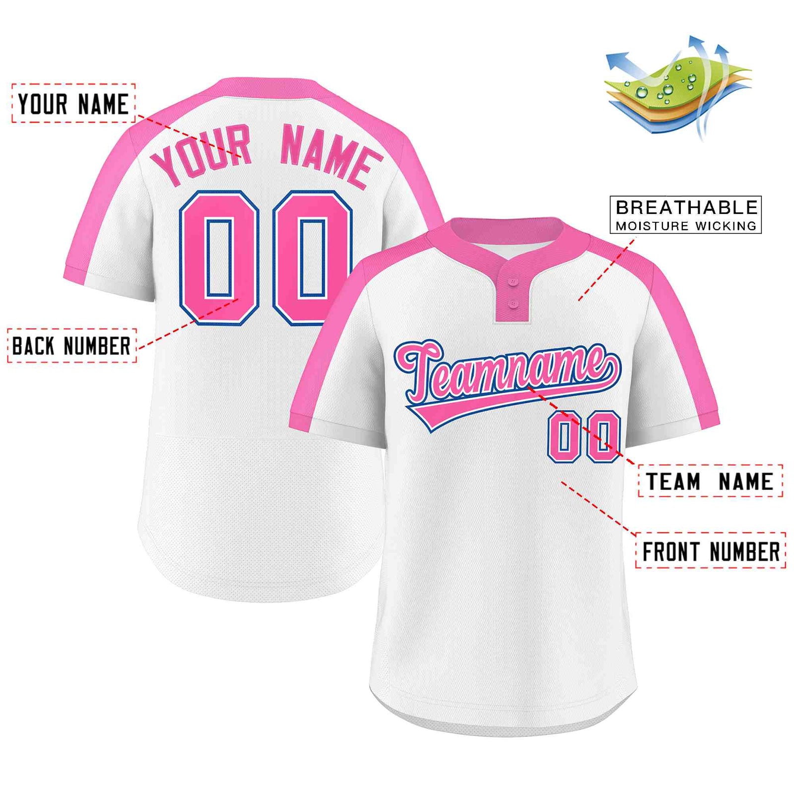 Custom White Pink-White Classic Style Authentic Two-Button Softball Jersey