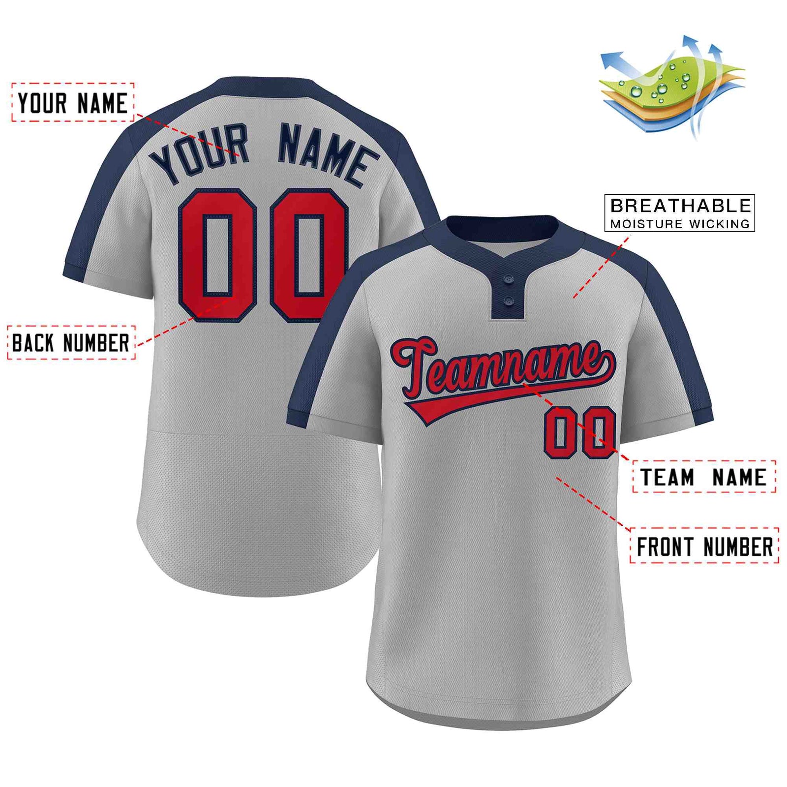 Custom Gray Red-Navy Classic Style Authentic Two-Button Softball Jersey