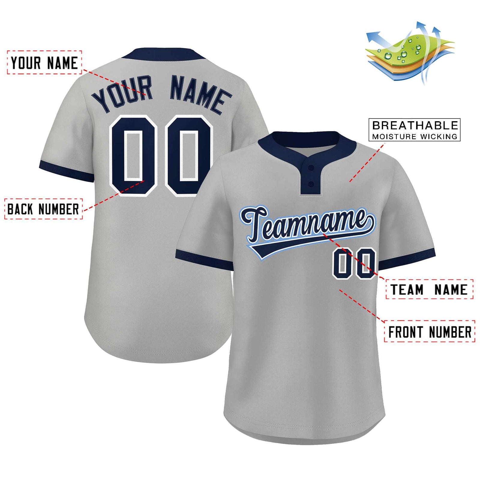 Custom Gray Navy-Light Blue Classic Style Authentic Two-Button Softball Jersey