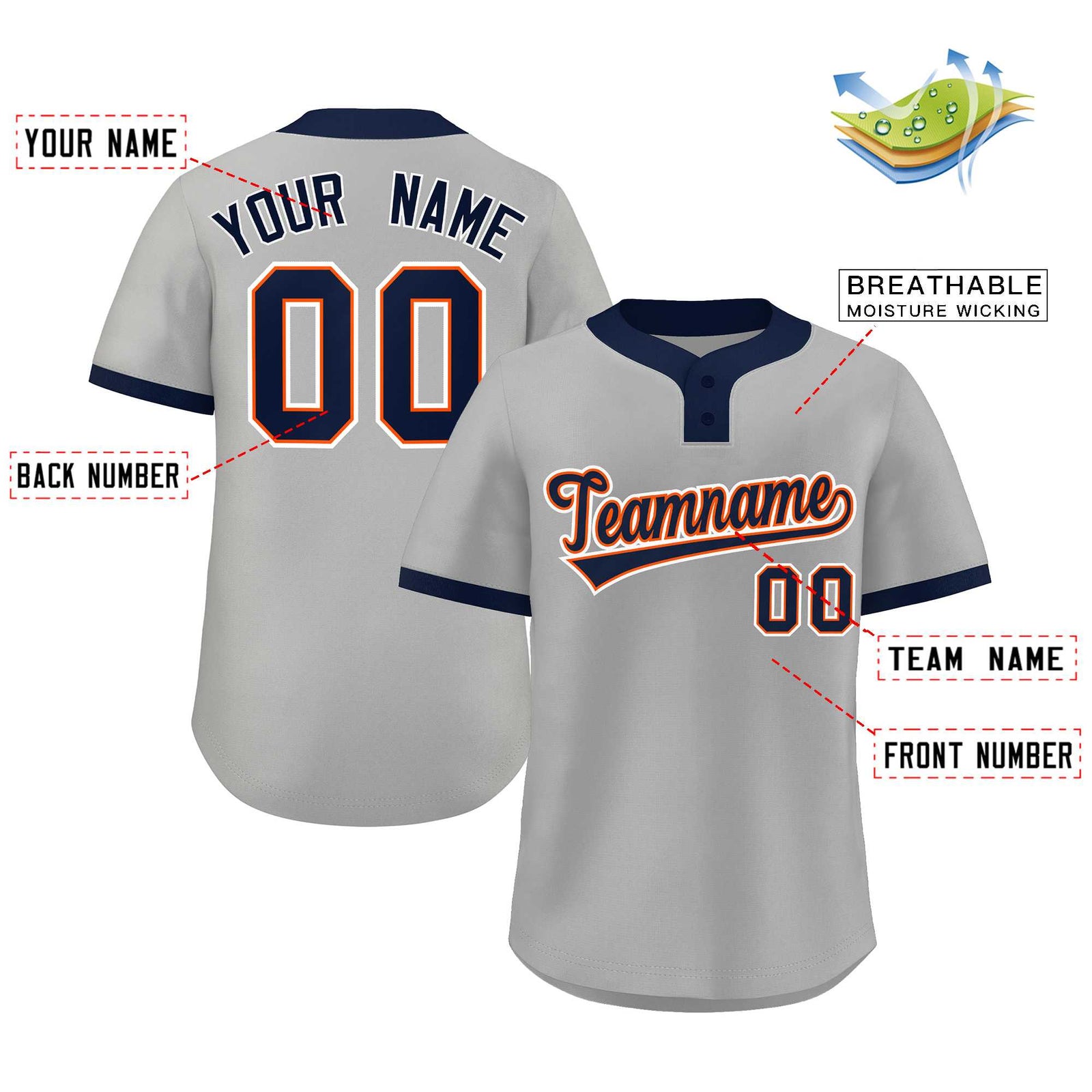 Custom Gray Navy-White Classic Style Authentic Two-Button Softball Jersey
