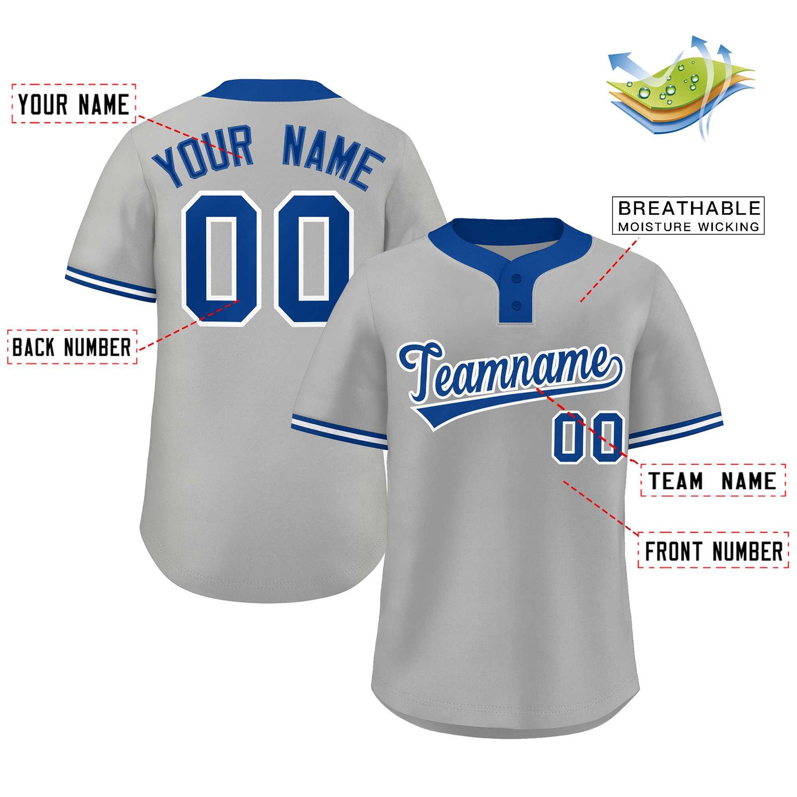 Custom Gray Royal-White Classic Style Authentic Two-Button Softball Jersey
