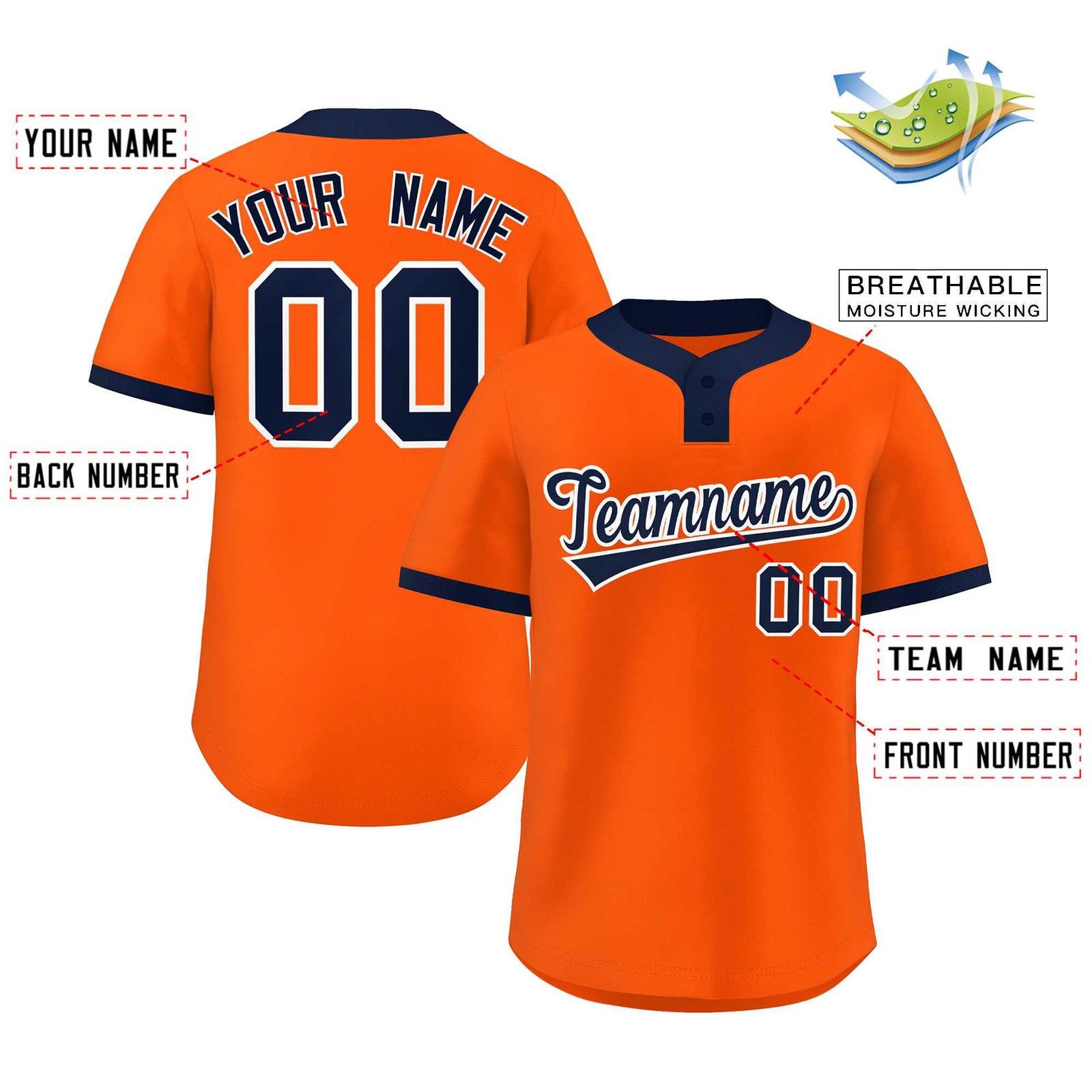 Custom Orange Navy-White Classic Style Authentic Two-Button Softball Jersey