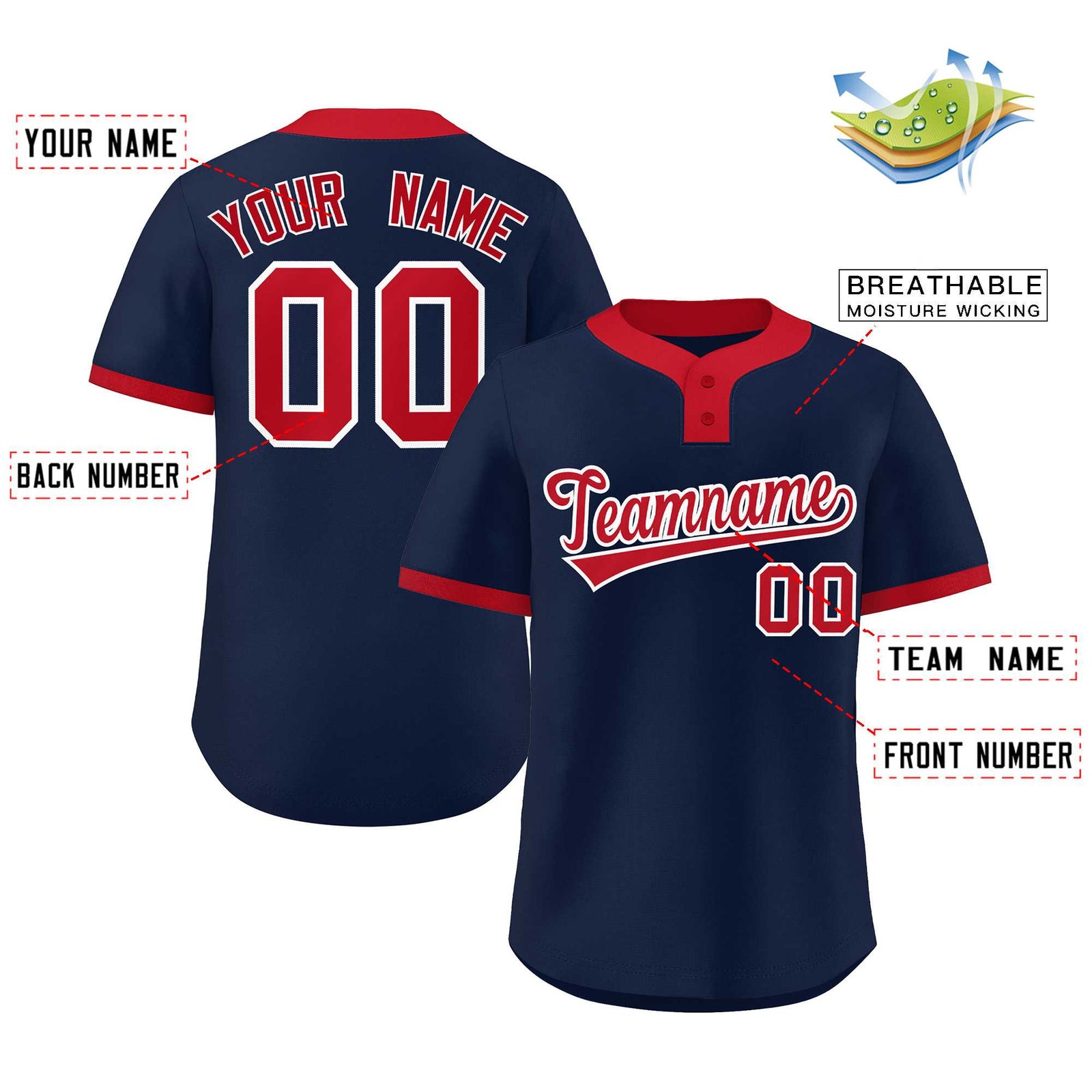 Custom Navy Red Classic Style Authentic Two-Button Softball Jersey