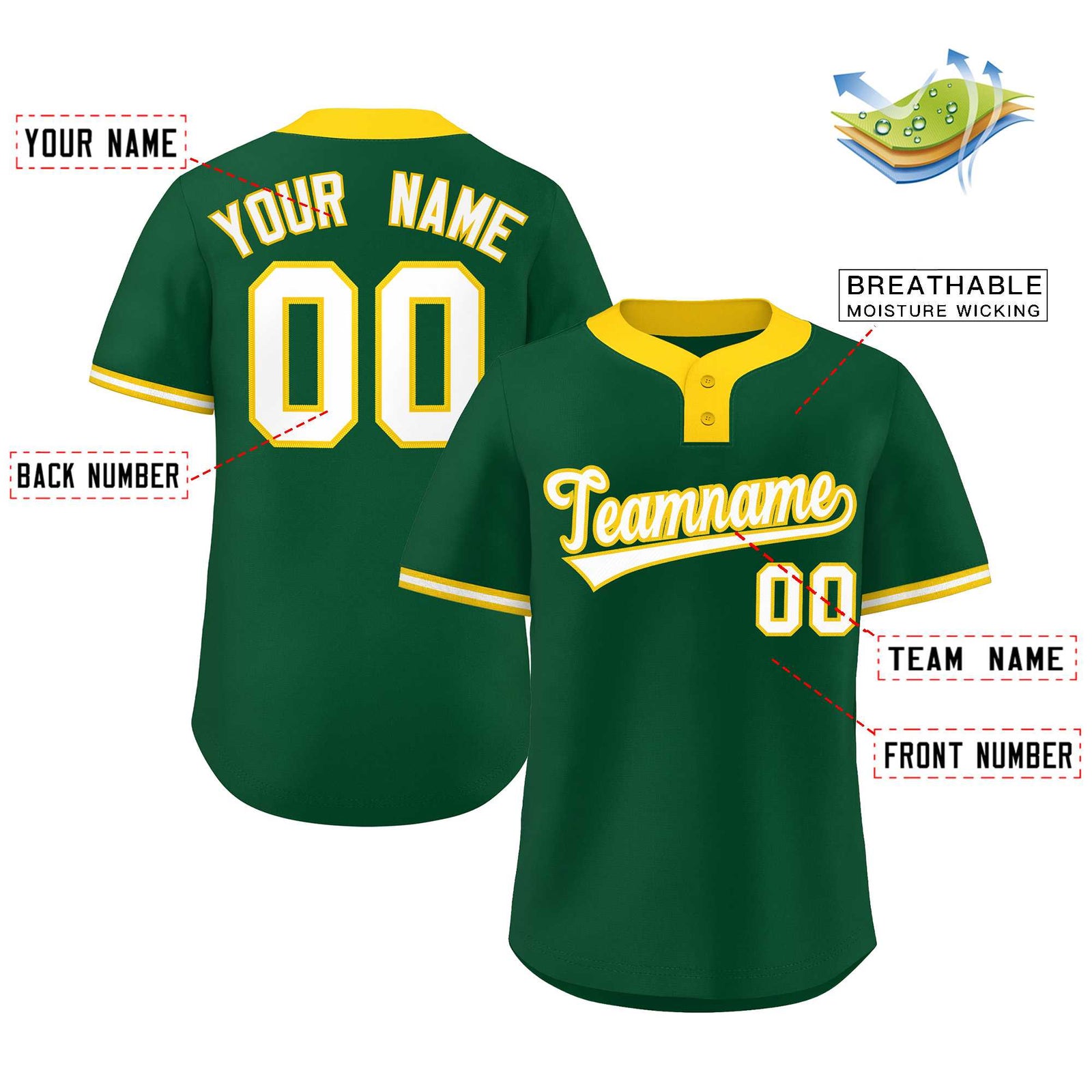Custom Green White-Gold Classic Style Authentic Two-Button Softball Jersey