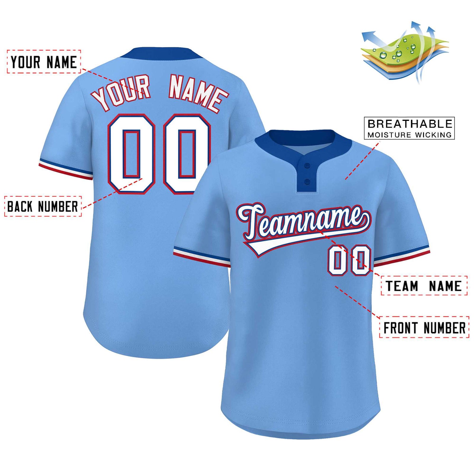 Custom Light Blue White-Red Classic Style Authentic Two-Button Softball Jersey