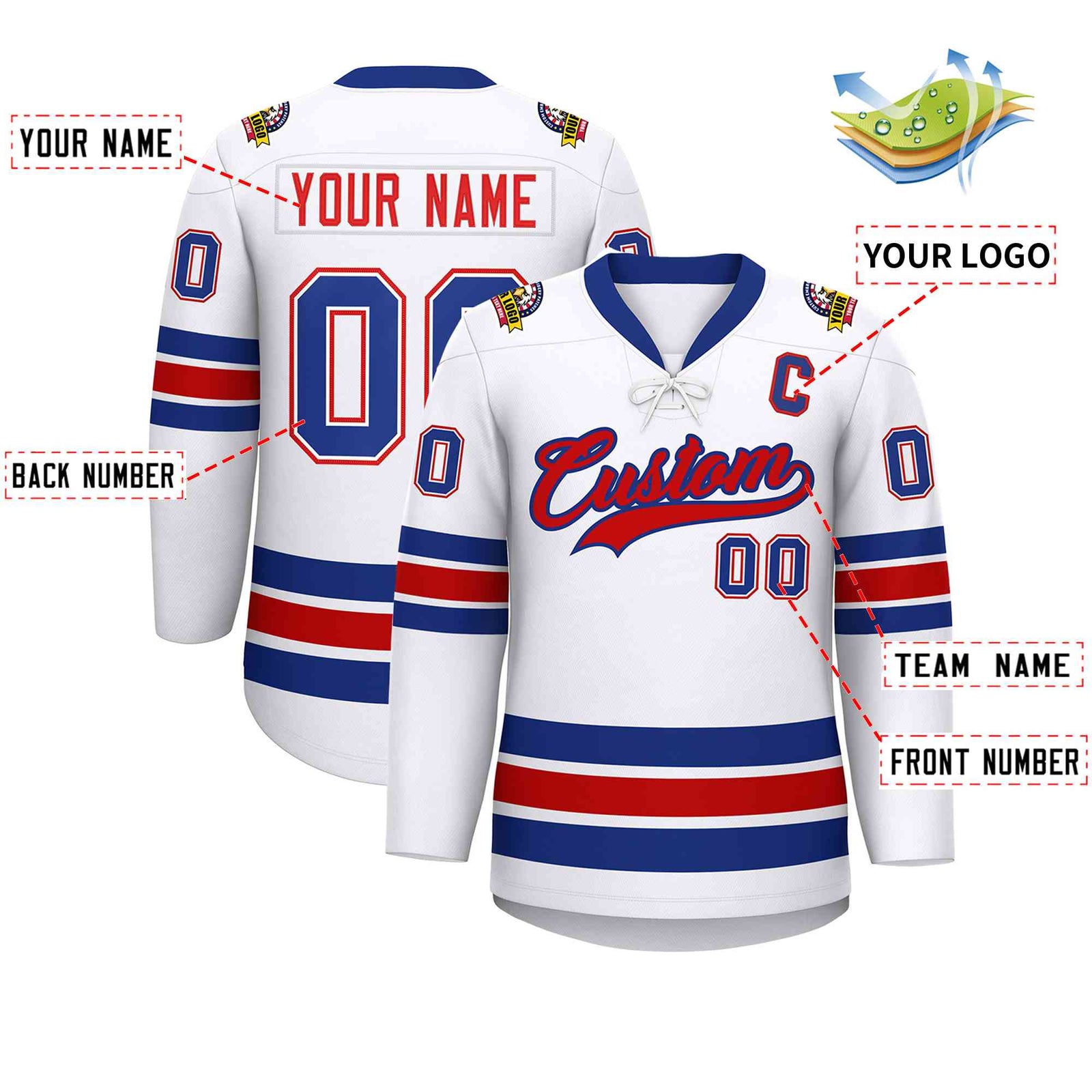 Custom White Royal-Red Lace-Up Neck Hockey Jersey