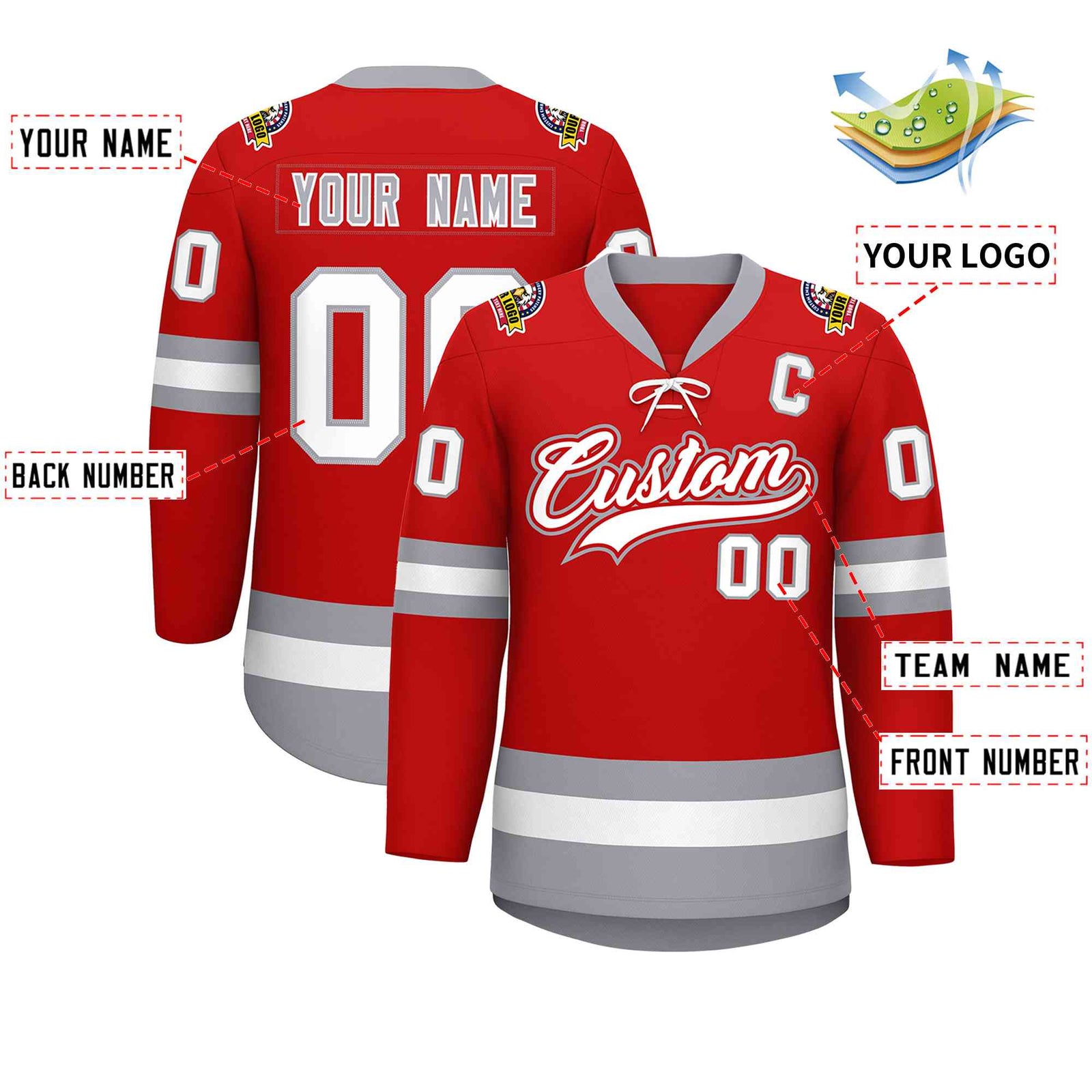 Custom Red White-Gray Lace-Up Neck Hockey Jersey