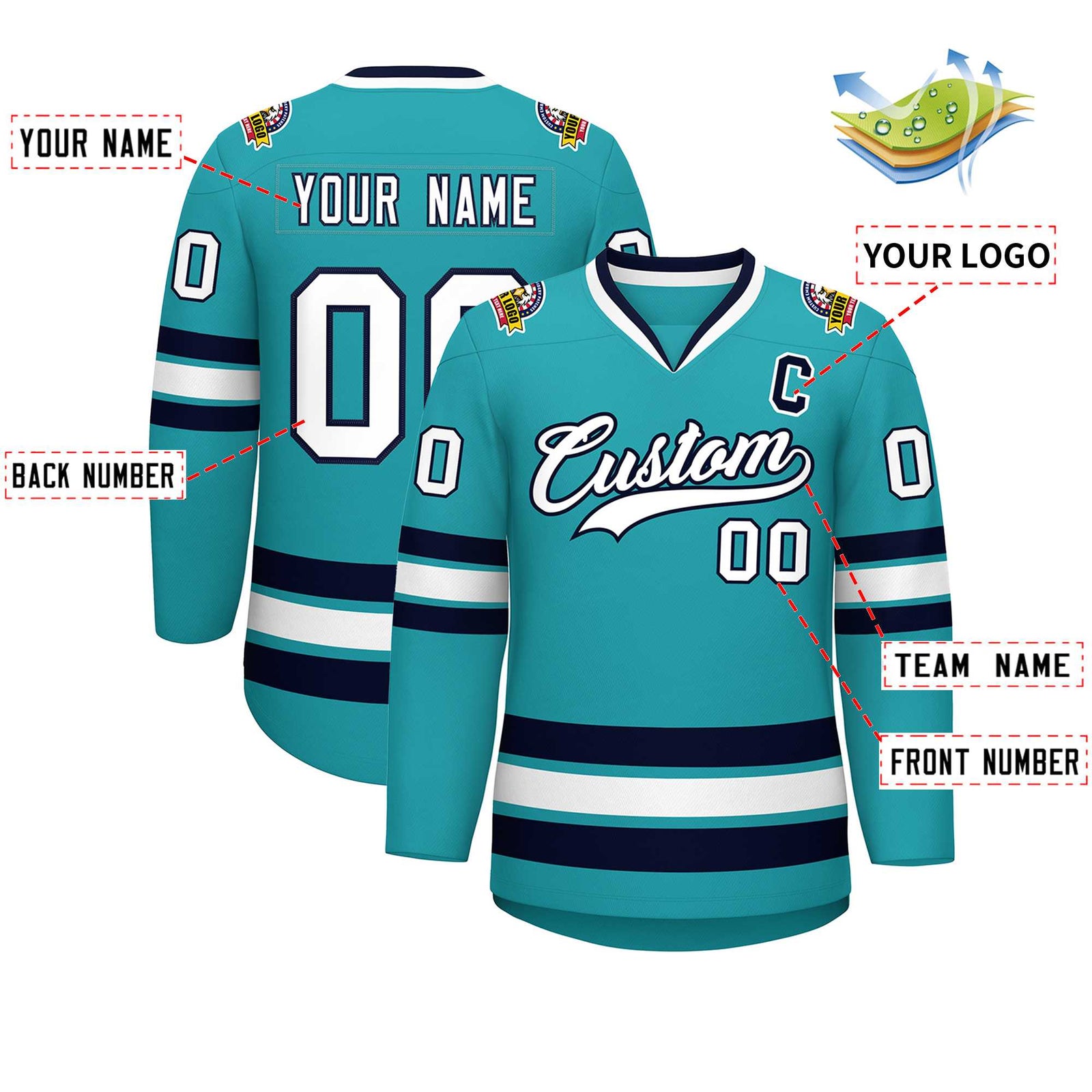 Custom Aqua White-Navy Classic Style Hockey Jersey
