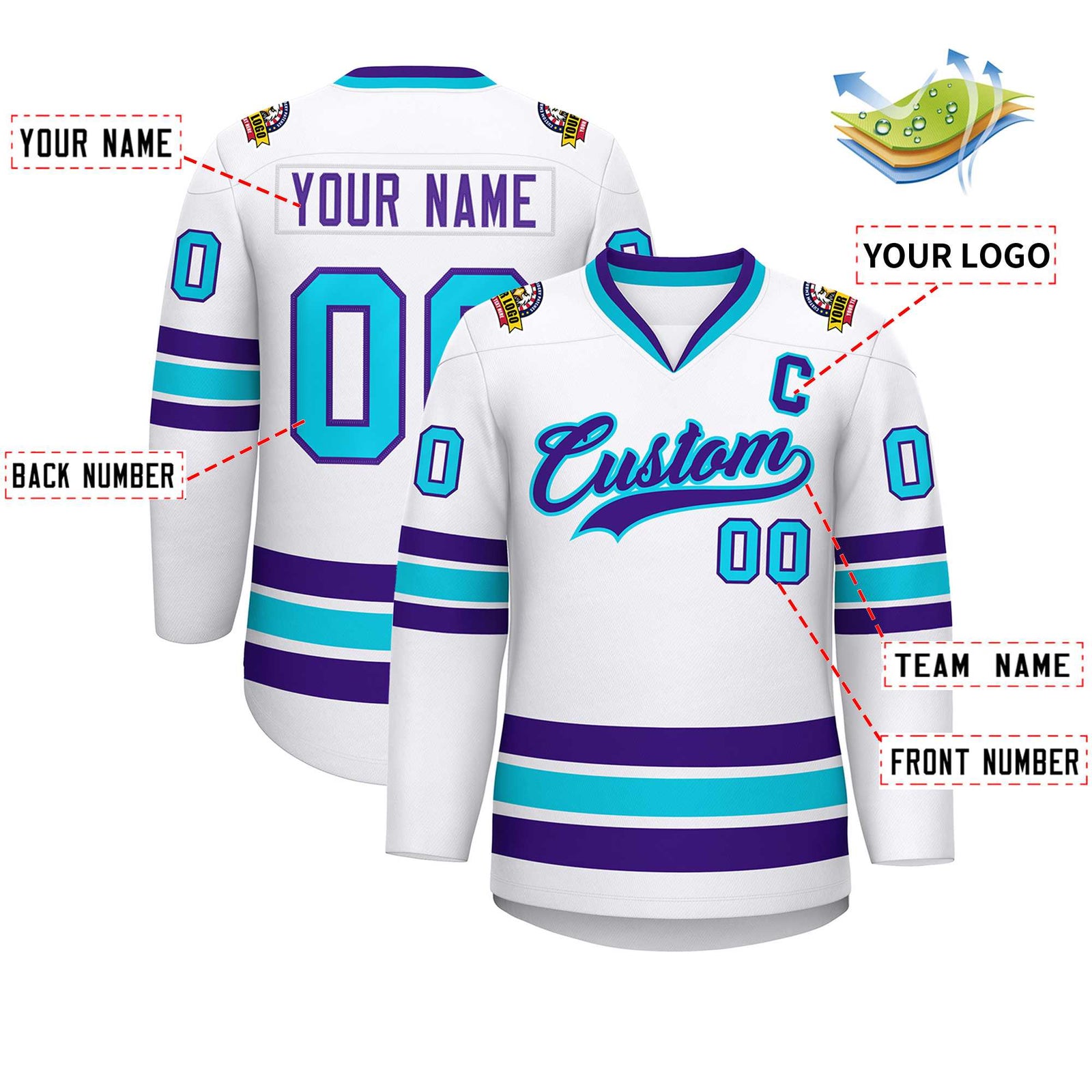 Custom White Purple-Powder Blue Classic Style Hockey Jersey